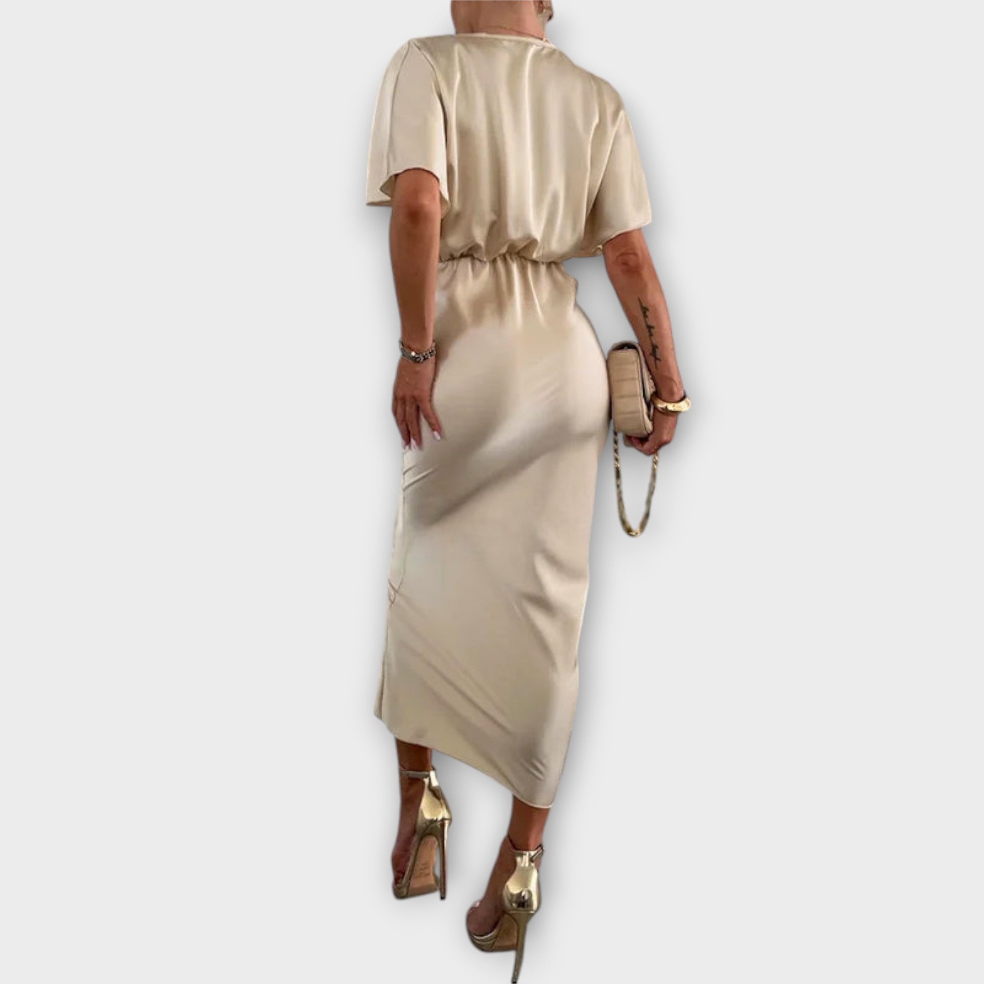 Sable - Solid Satin V-Hals Krydsknude Slim Fit Maxi Kjole