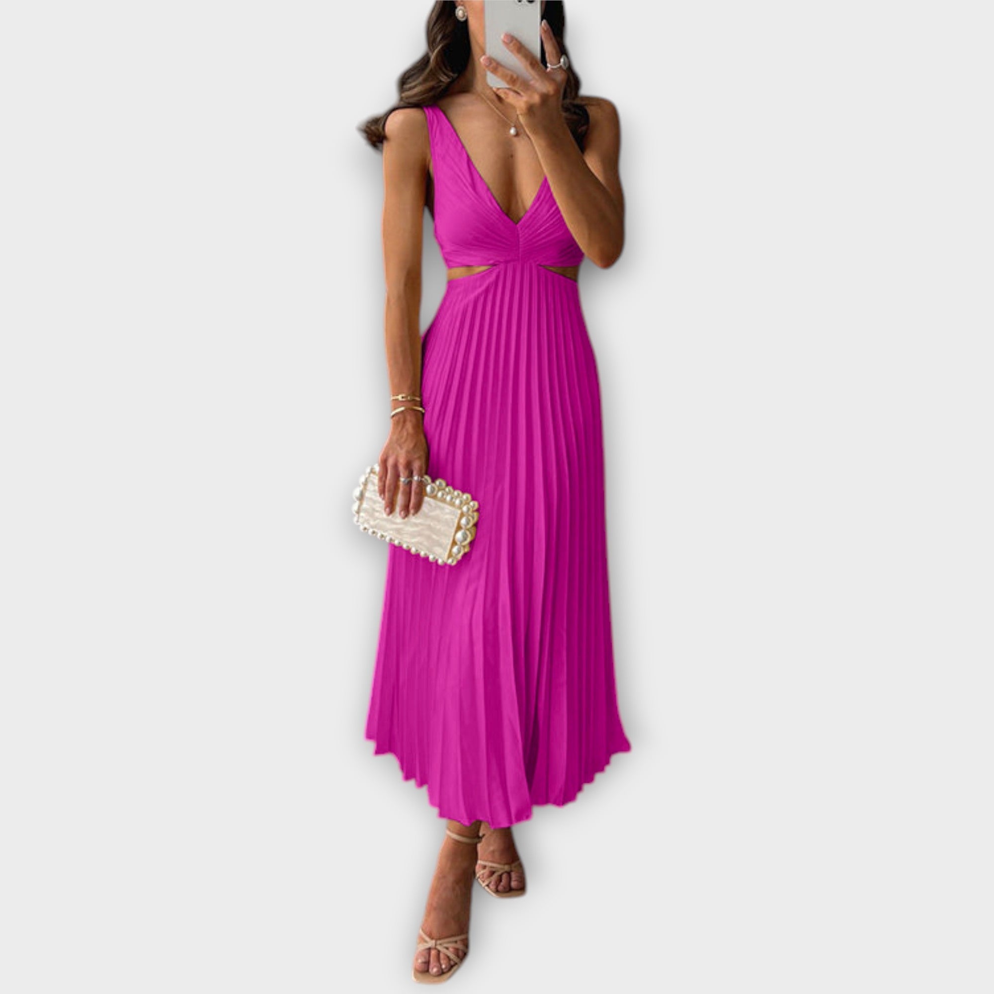 Elegant Midi Aftenkjole med Plisseringer