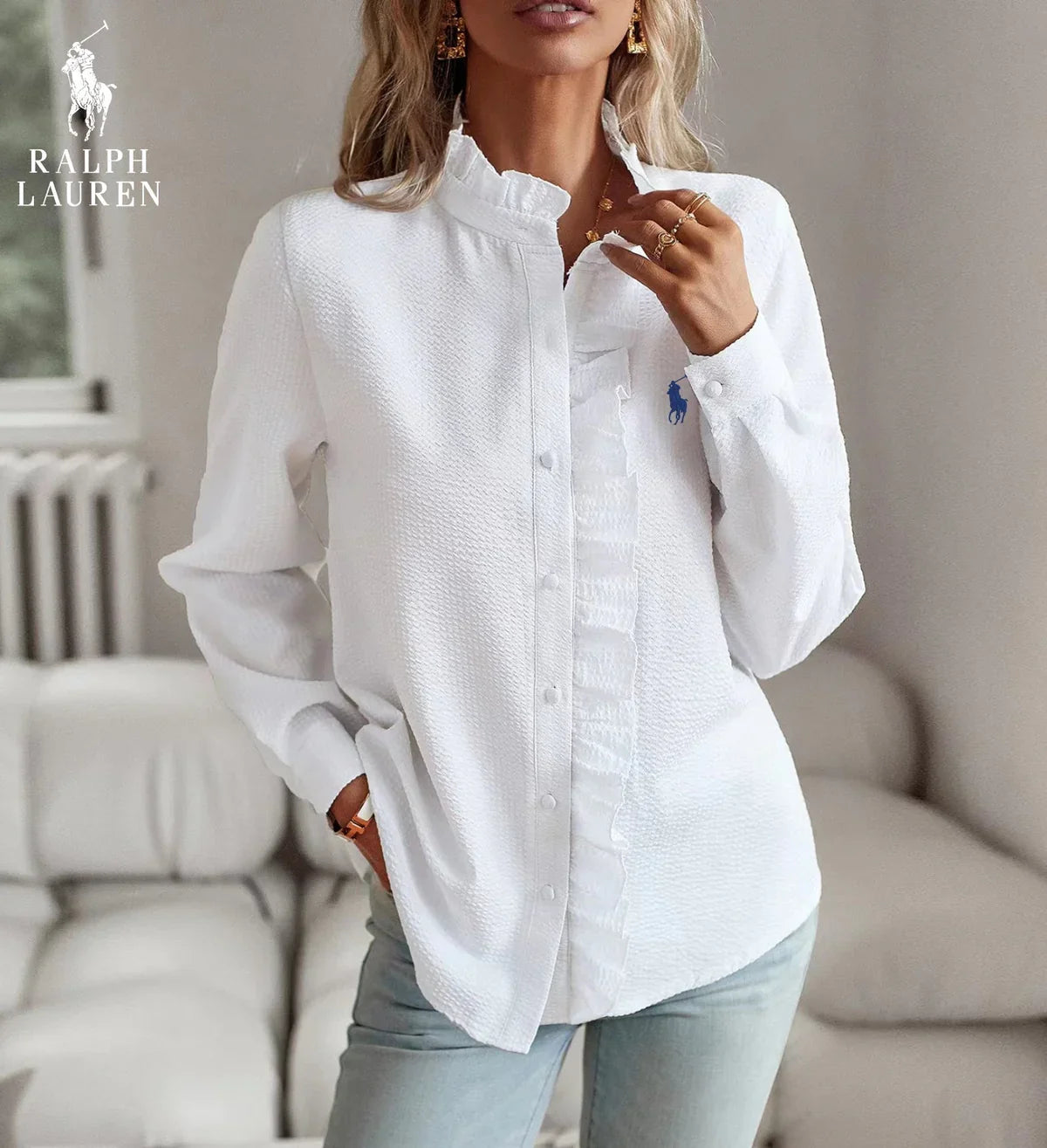 R. Lauren Ruffled Button-Up Skjorte – Blødt Teksturere Fit