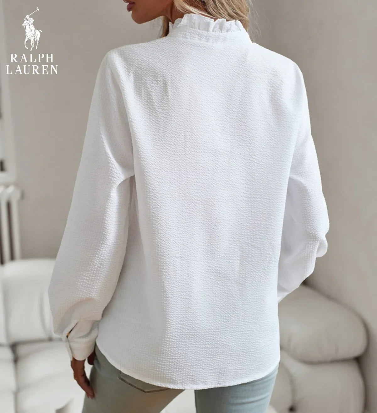 R. Lauren Ruffled Button-Up Skjorte – Blødt Teksturere Fit