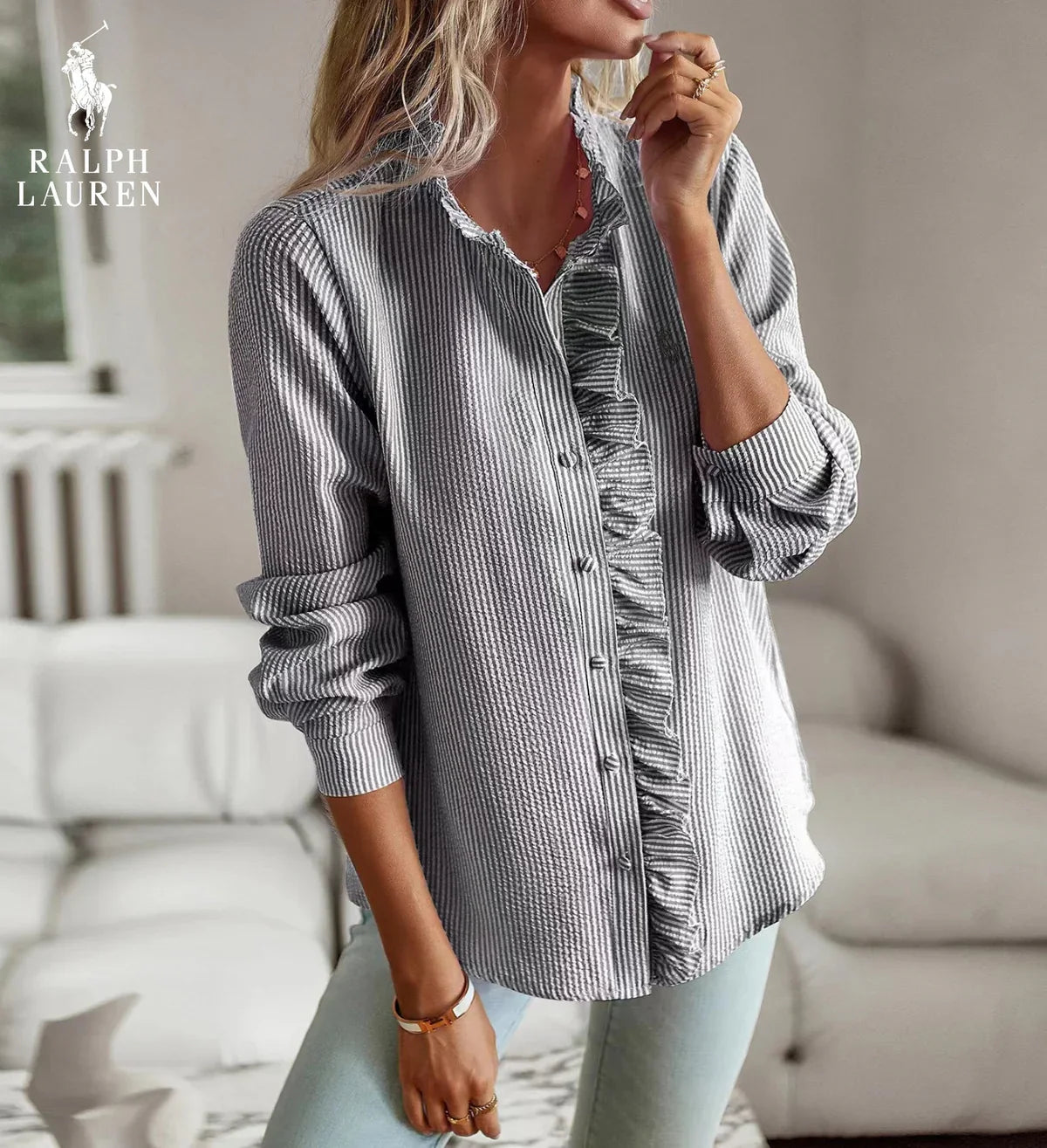 R. Lauren Ruffled Button-Up Skjorte – Blødt Teksturere Fit