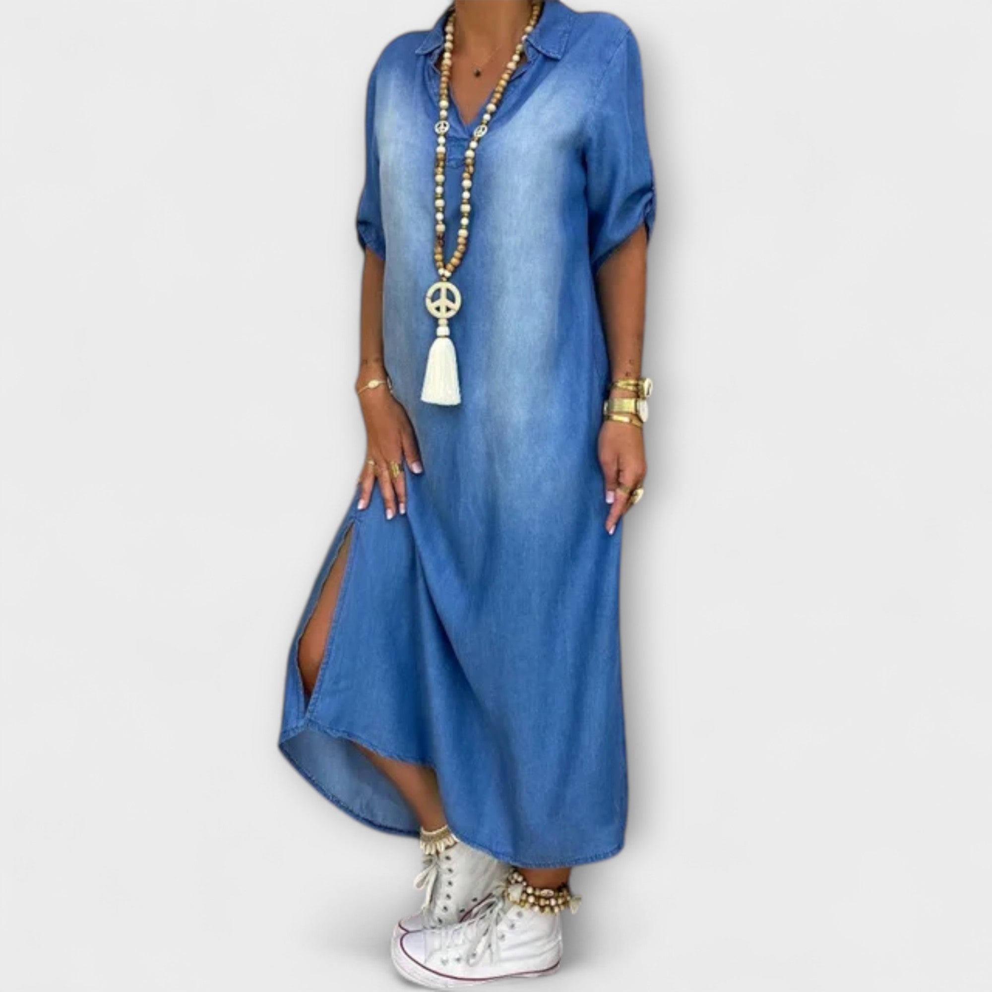Lea - Lang Denim-Look Kjole med Side Slid