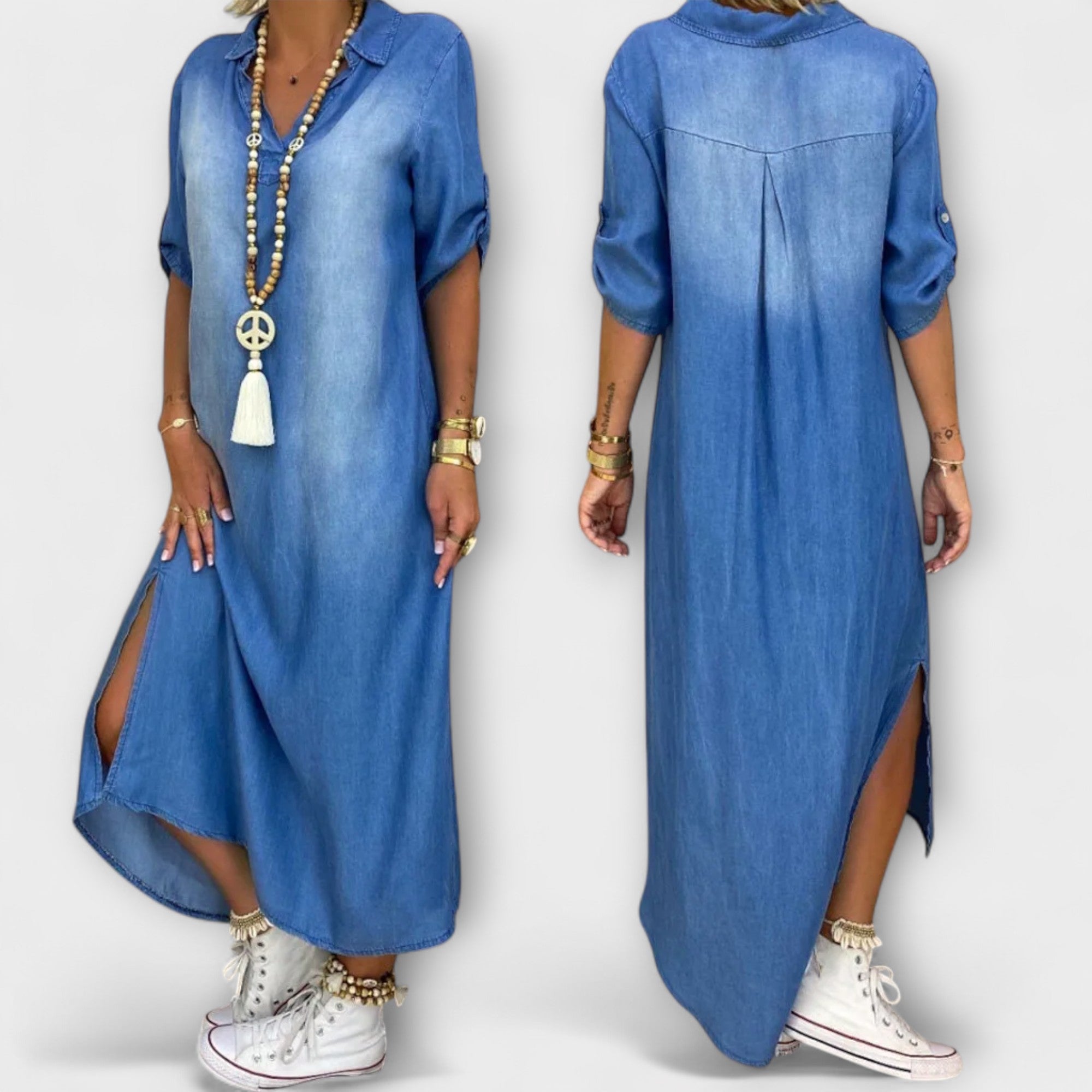 Lea - Lang Denim-Look Kjole med Side Slid