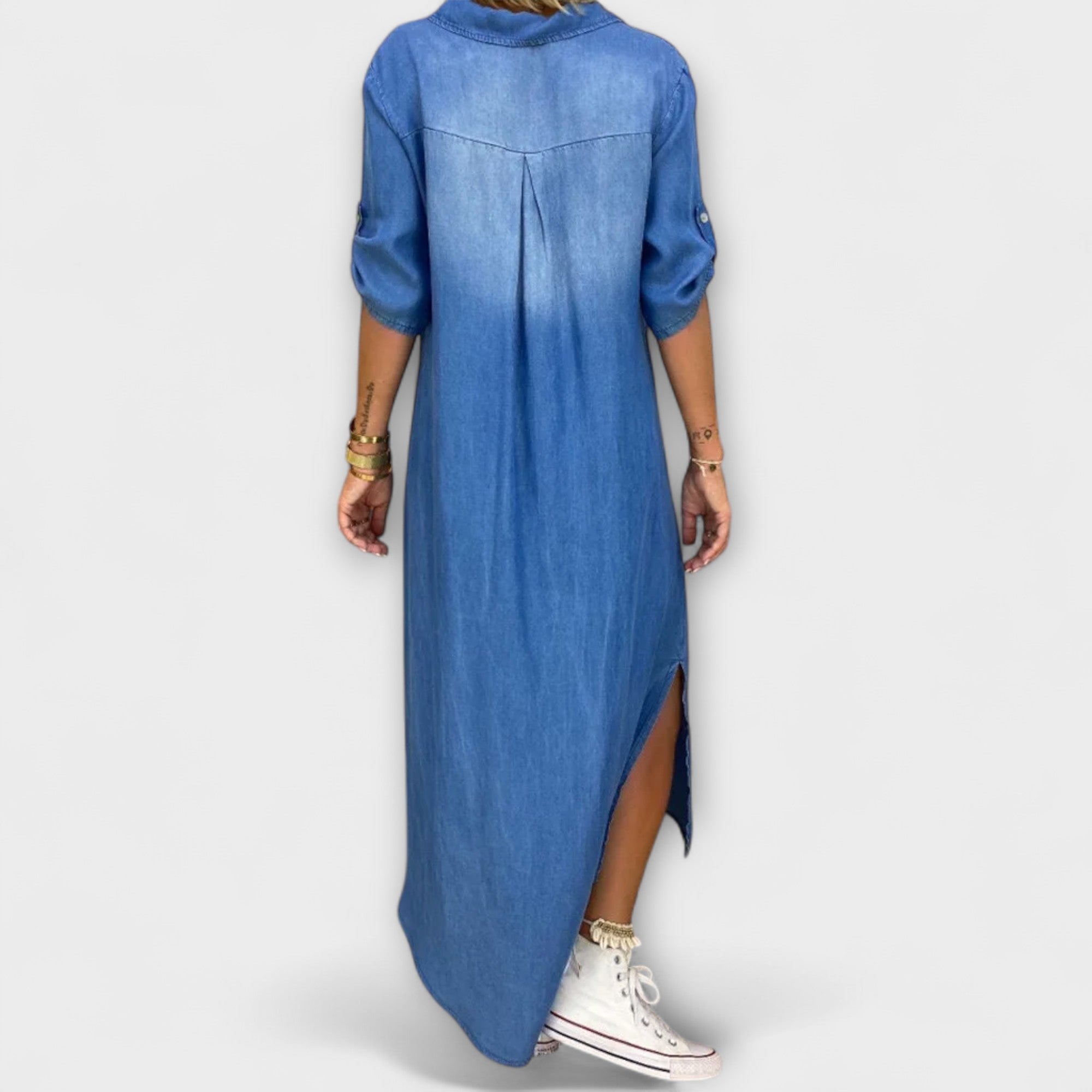 Lea - Lang Denim-Look Kjole med Side Slid