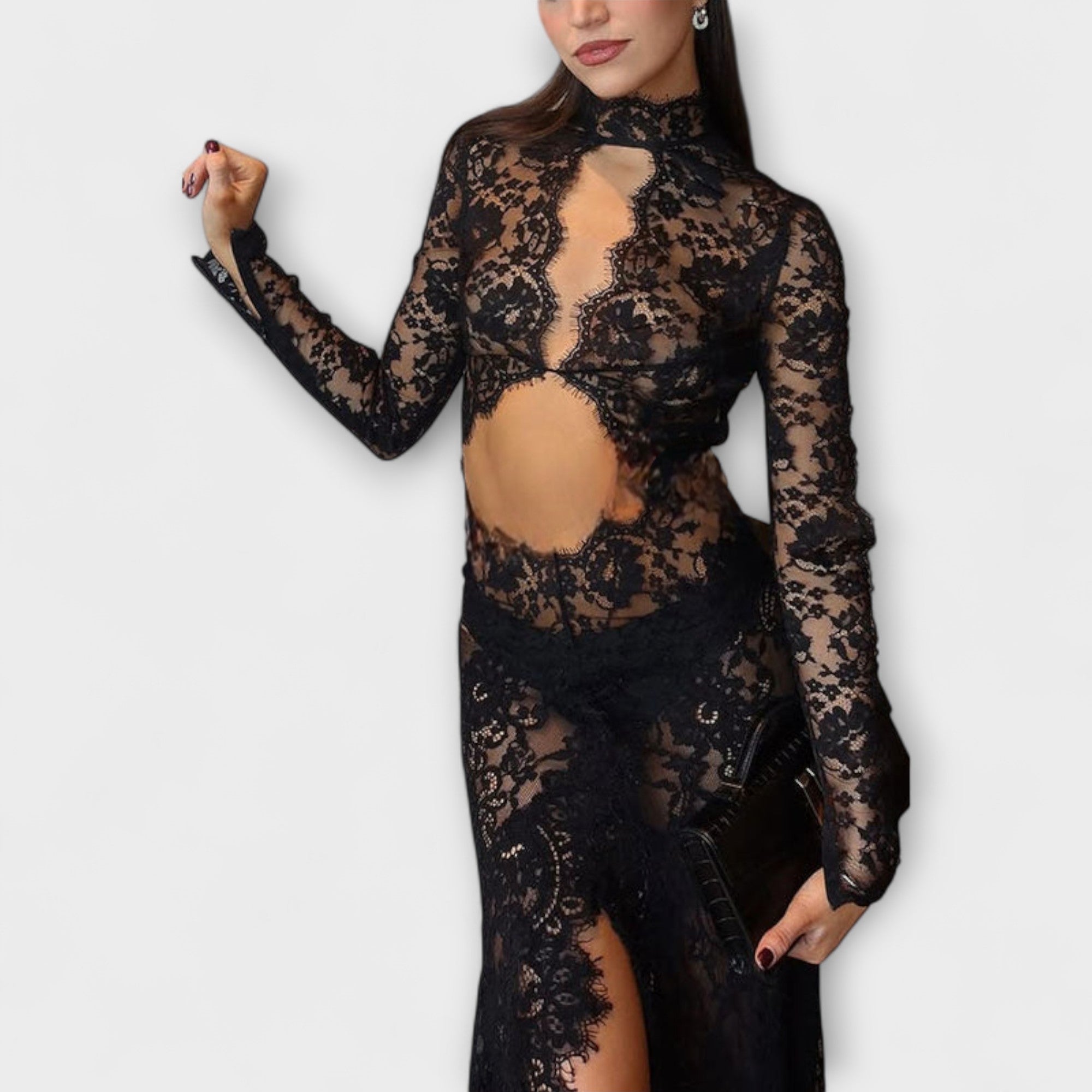 Azalea - Midnight Elegance Transparent Udsnit Langærmet Stretch Maxi Kjole