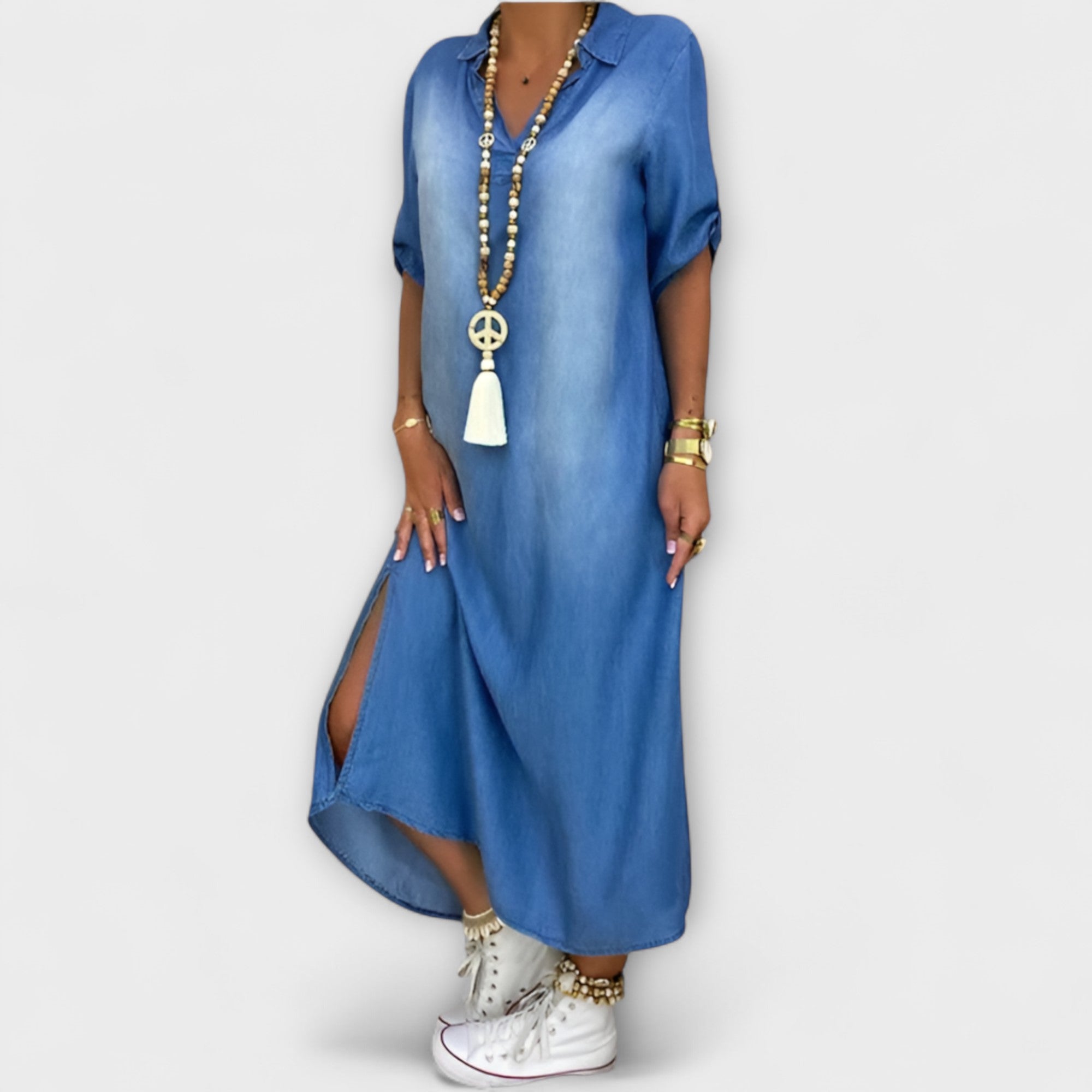 Lea - Lang Denim-Look Kjole med Side Slid