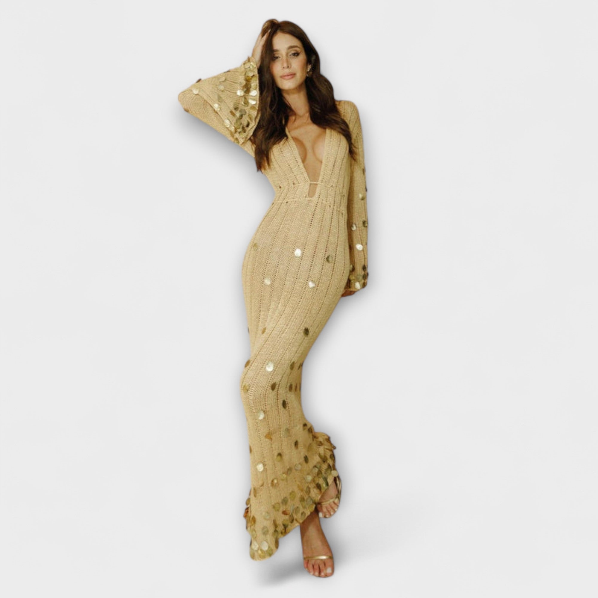 Kathleen - Guld Strikket Maxi Kjole af Dolly