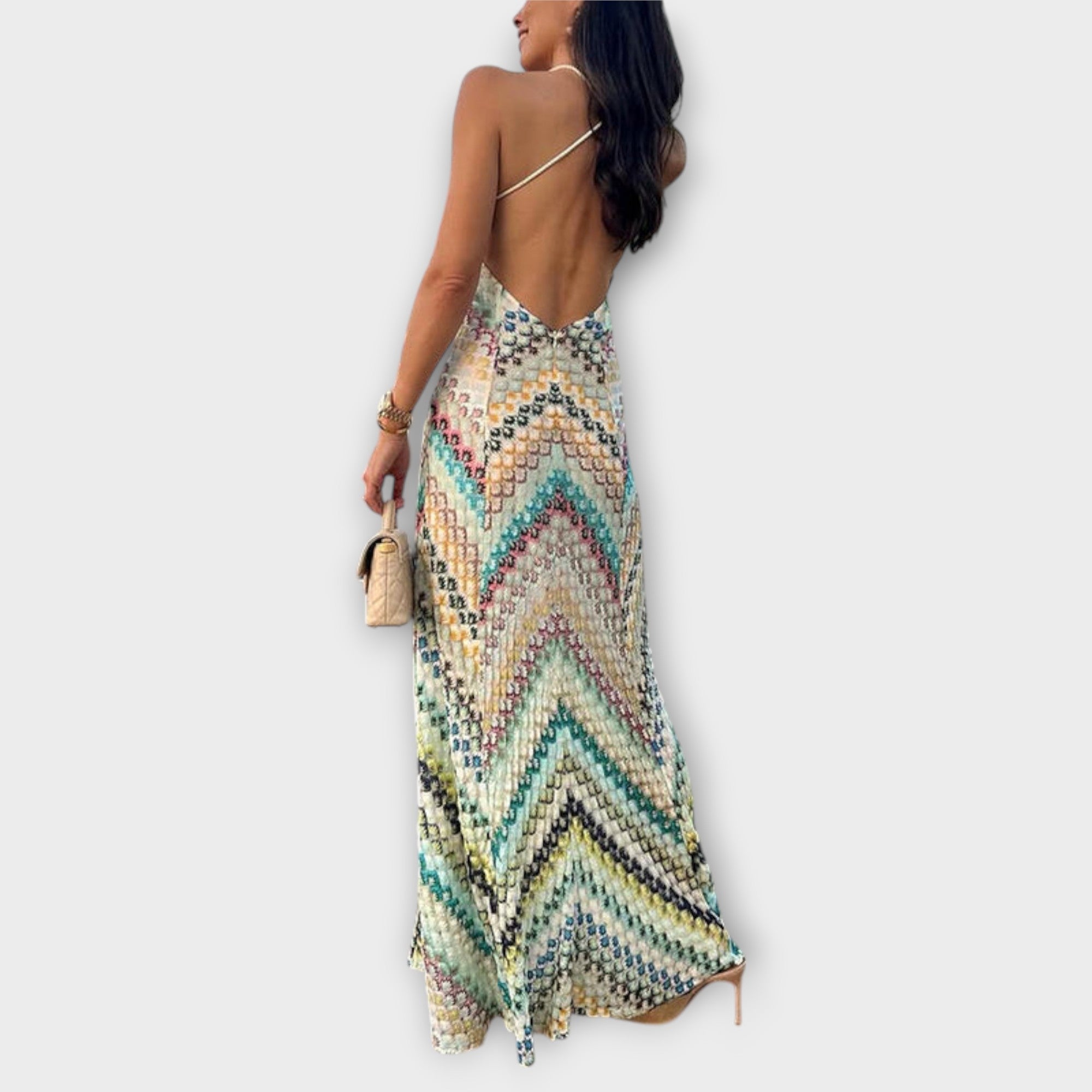 Remi - Missoni Farverig Houndstooth Mønster Maxi Kjole