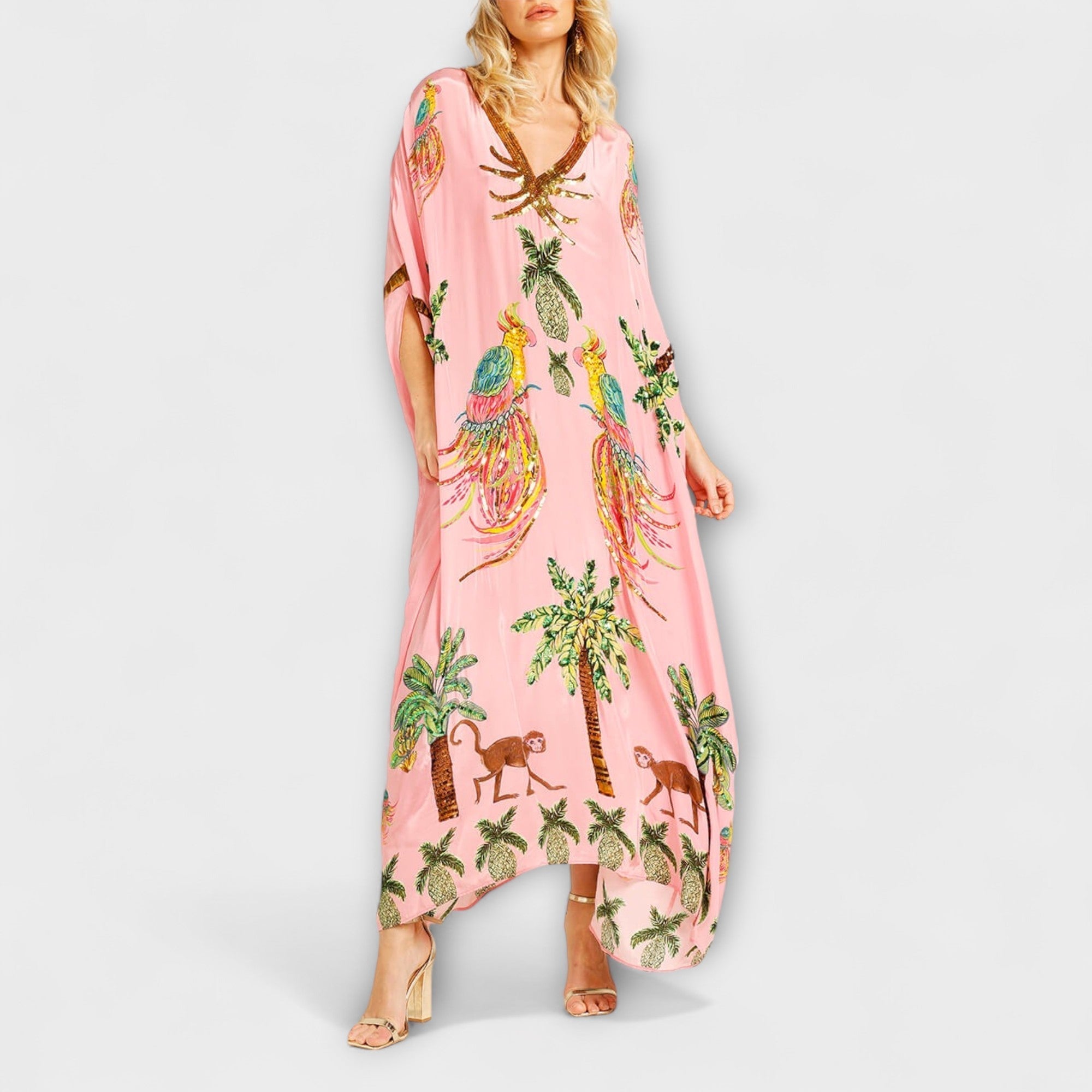 Linda - Iøjnefaldende kjole med off-shoulder design og kokosnøddeprint
