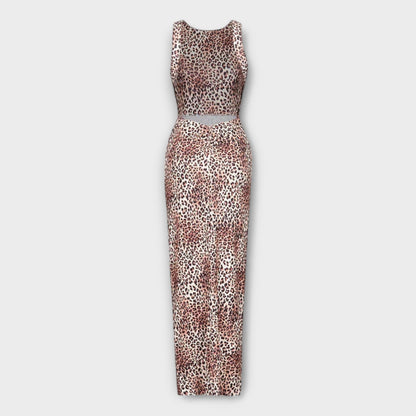 Della - Maxi Kjole med Leopardprint og Udsnit i Ryggen