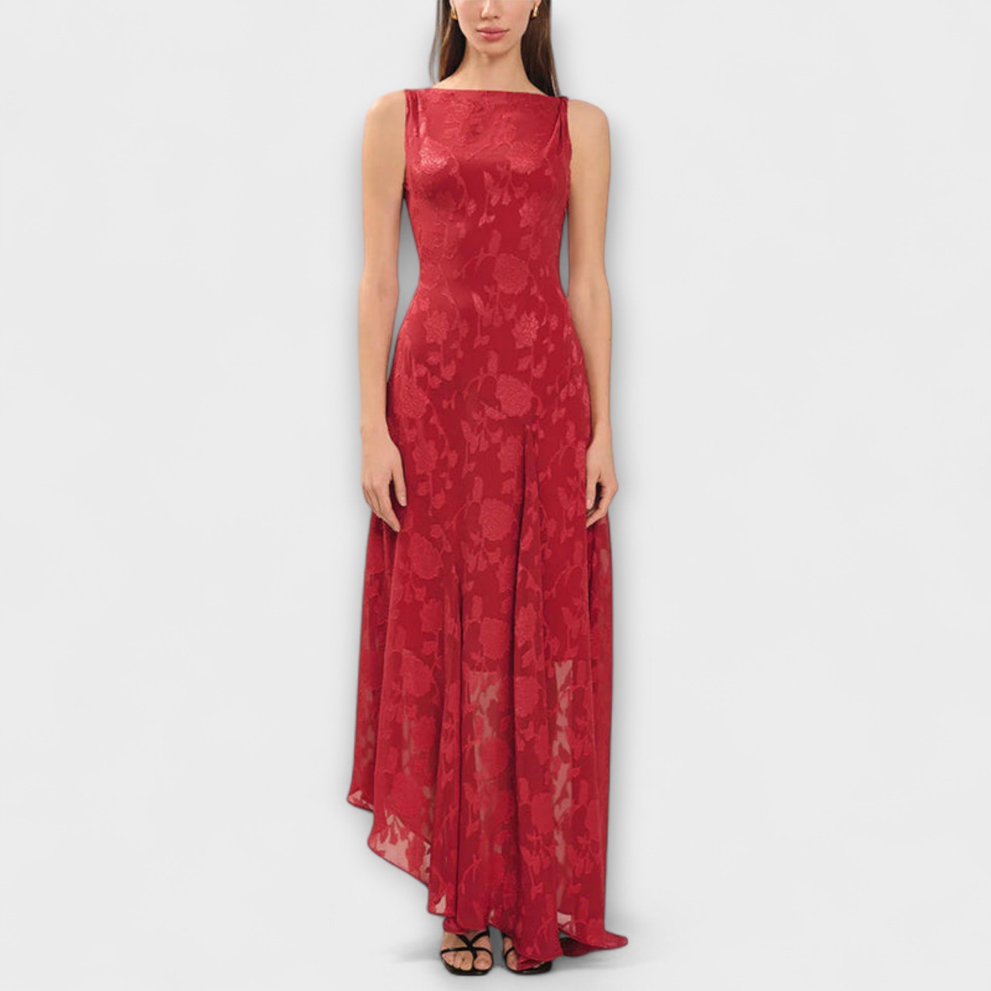 Opal - Elegant Rygfri Snøre Jacquard Maxi Kjole