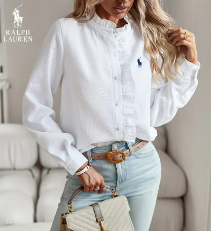 R. Lauren Ruffled Button-Up Skjorte – Blødt Teksturere Fit