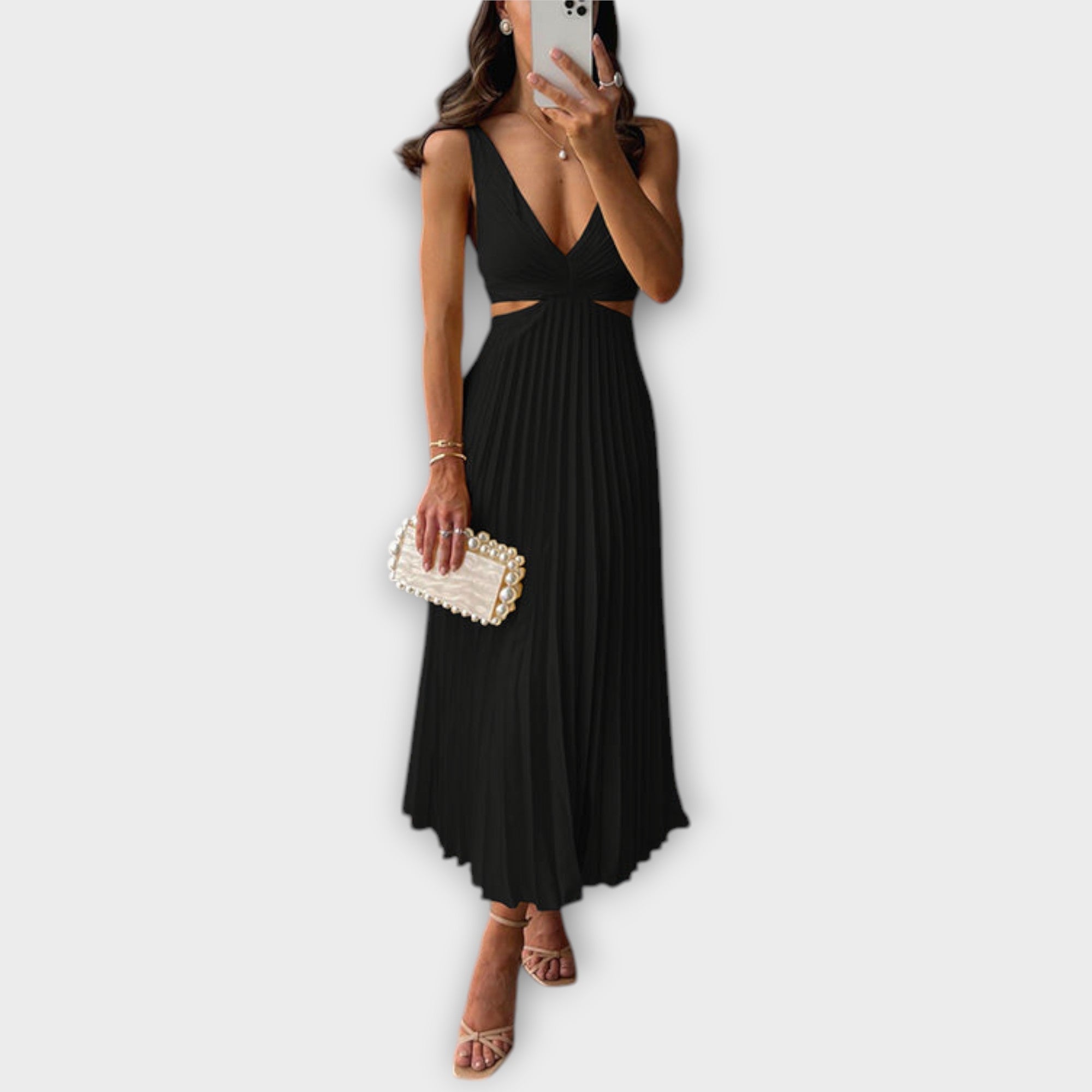 Elegant Midi Aftenkjole med Plisseringer