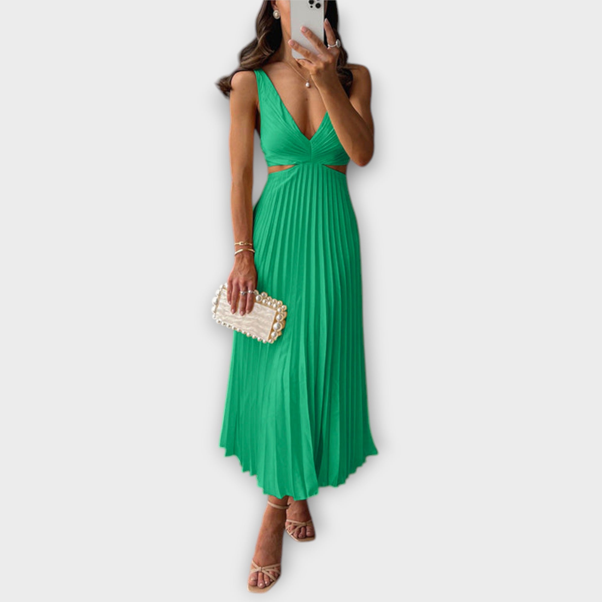Elegant Midi Aftenkjole med Plisseringer