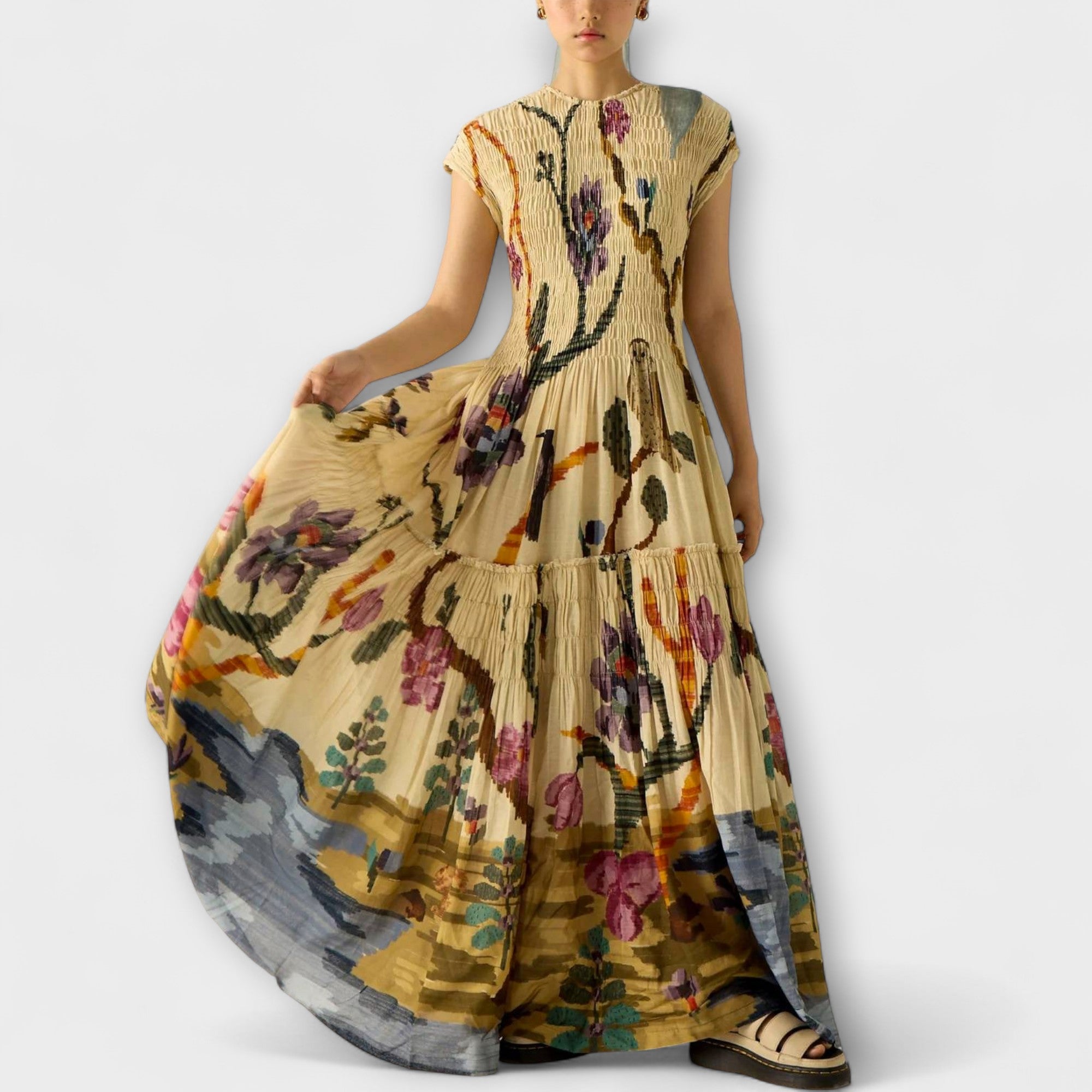 Amanda - Maxi Kjole med Plisseret Print Design