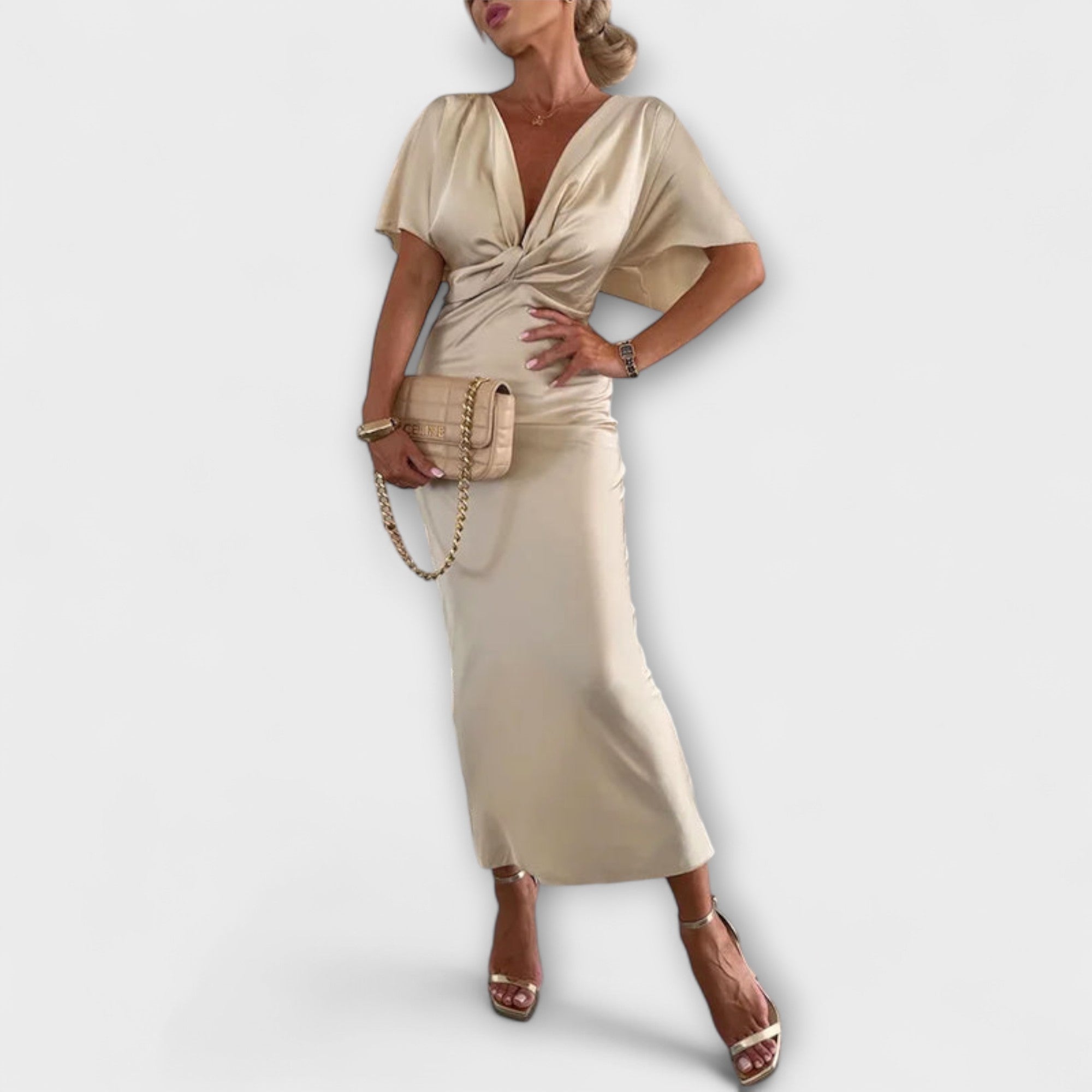 Sable - Solid Satin V-Hals Krydsknude Slim Fit Maxi Kjole