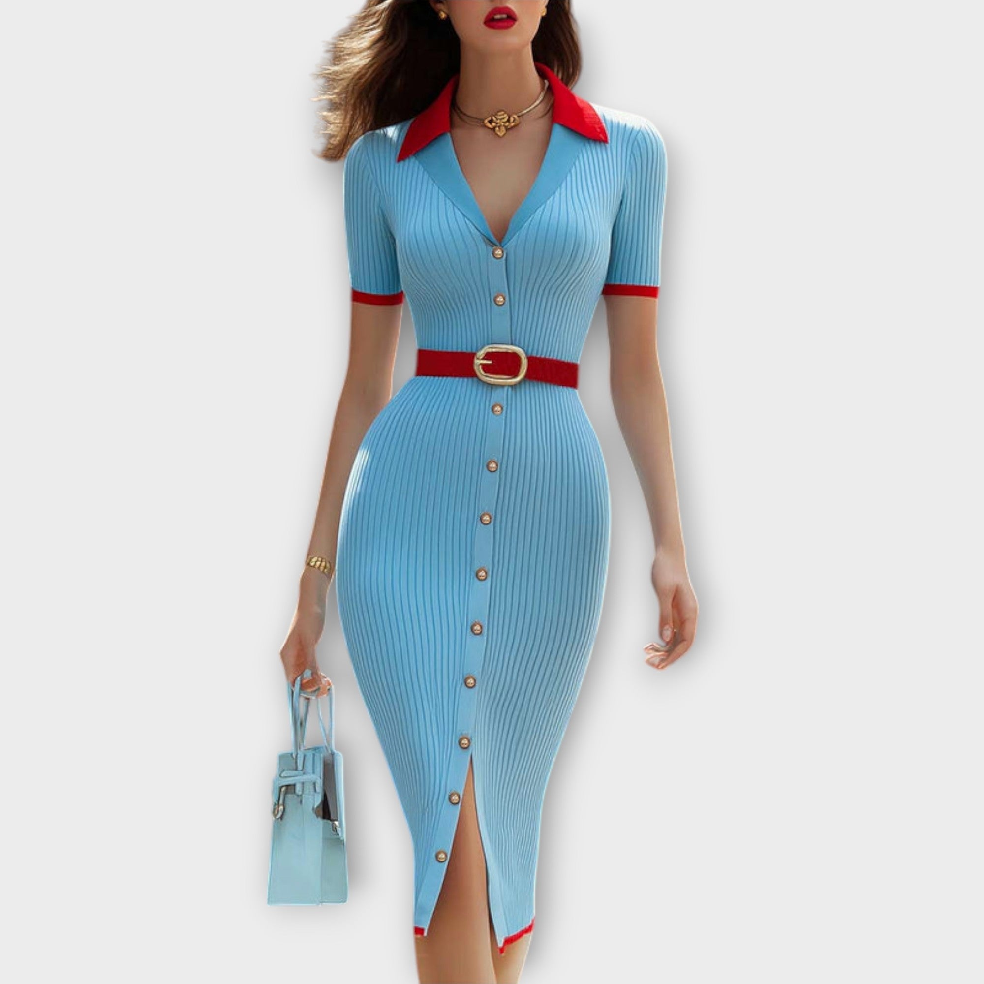 Sina - Chic Baby Blue Ribbet Strikket Blyantskjorte