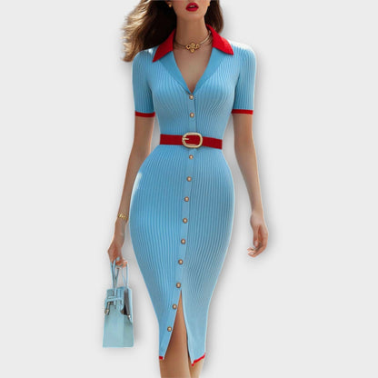 Sina - Chic Baby Blue Ribbet Strikket Blyantskjorte
