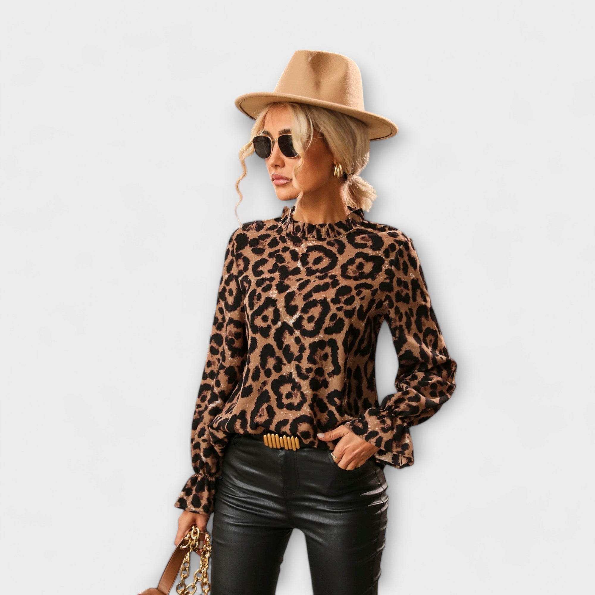 Kayla - Leopard Bluse med Plisseret Krave