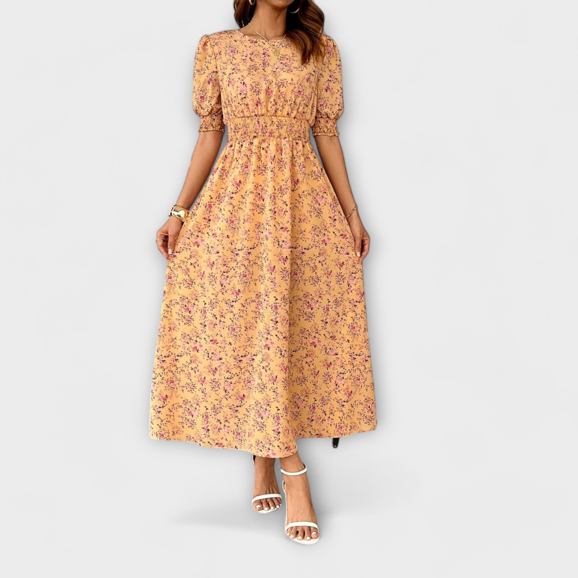 Amelia - Kjole med Rund Udsnit og Blomster Mønster