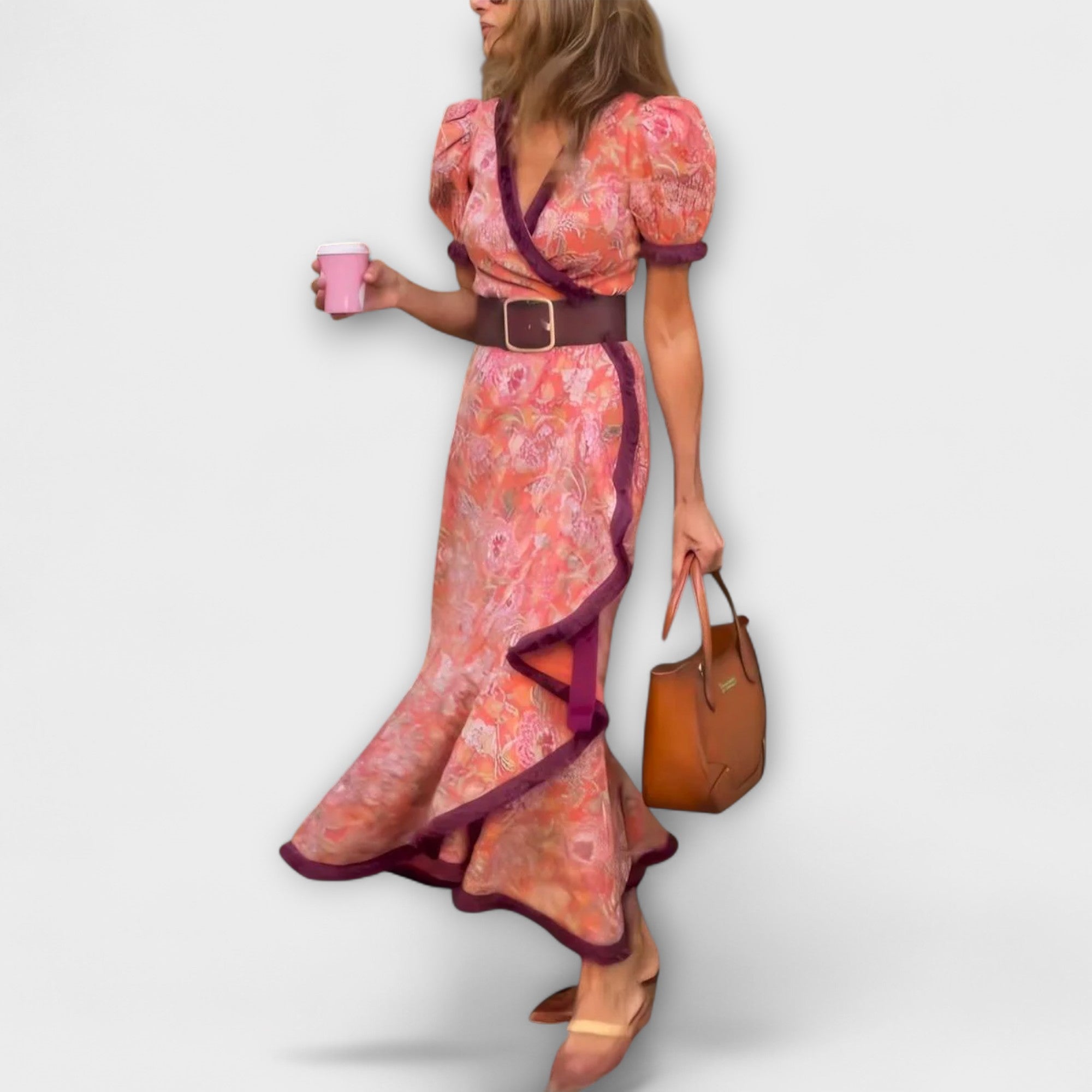 Elegant Pink Maxi Kjole med Korte Ærmer
