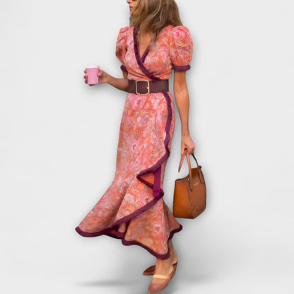 Elegant Pink Maxi Kjole med Korte Ærmer