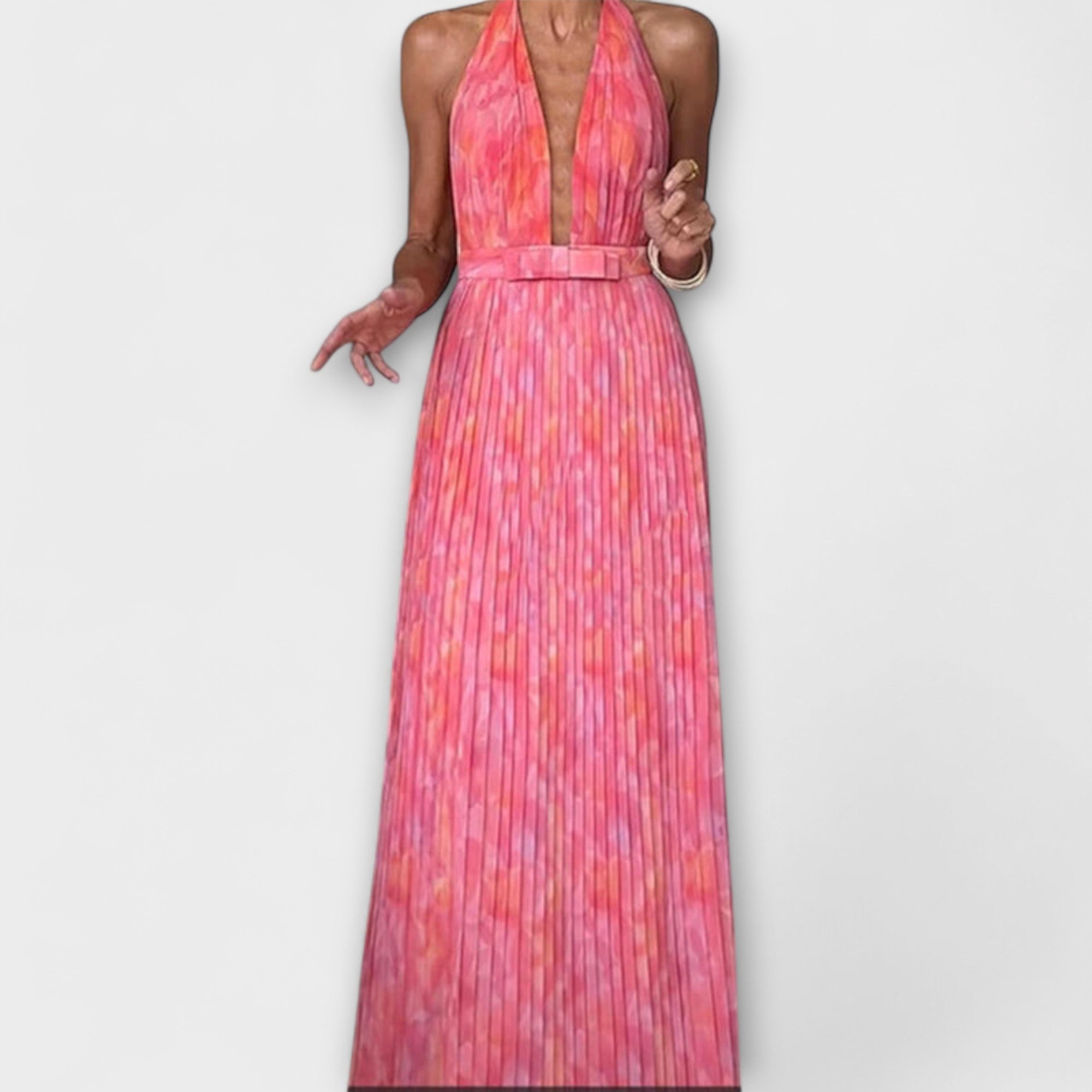 Seraphina - Chic Halterneck V-Hals Plisseret Maxikjole