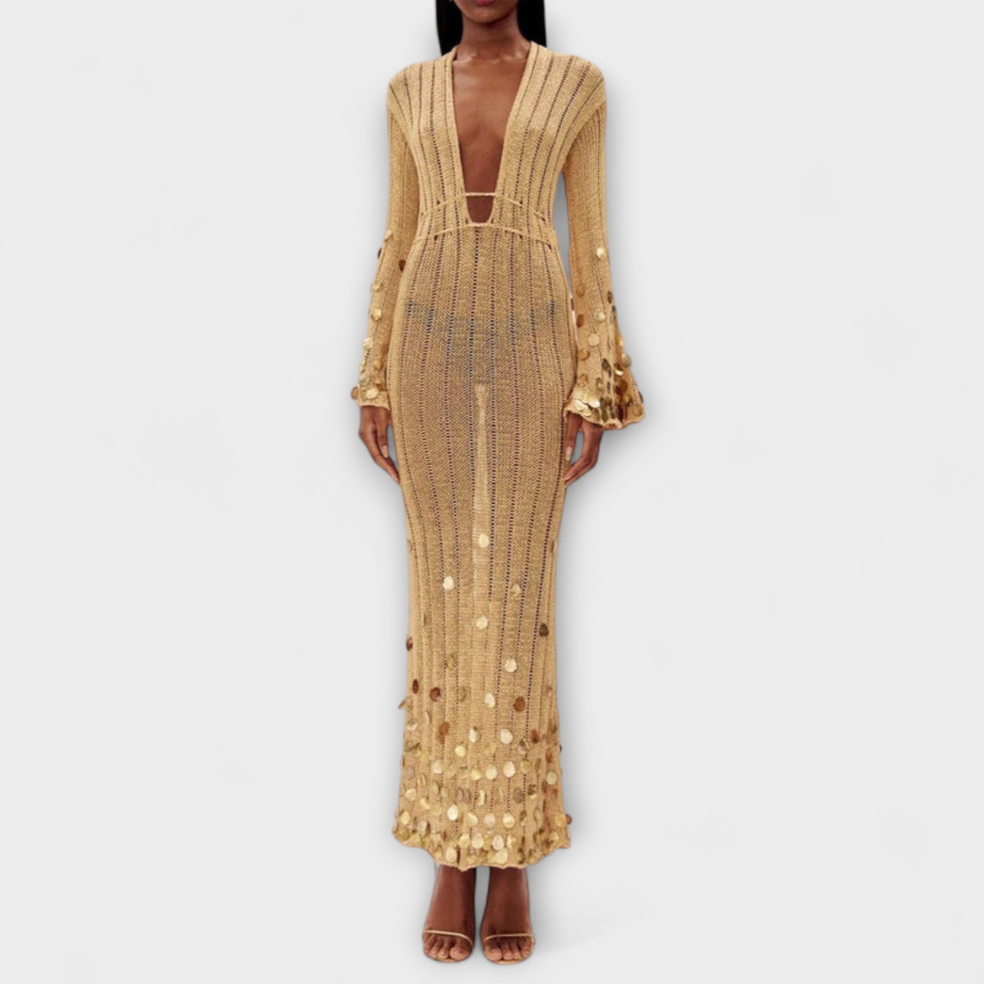 Kathleen - Guld Strikket Maxi Kjole af Dolly