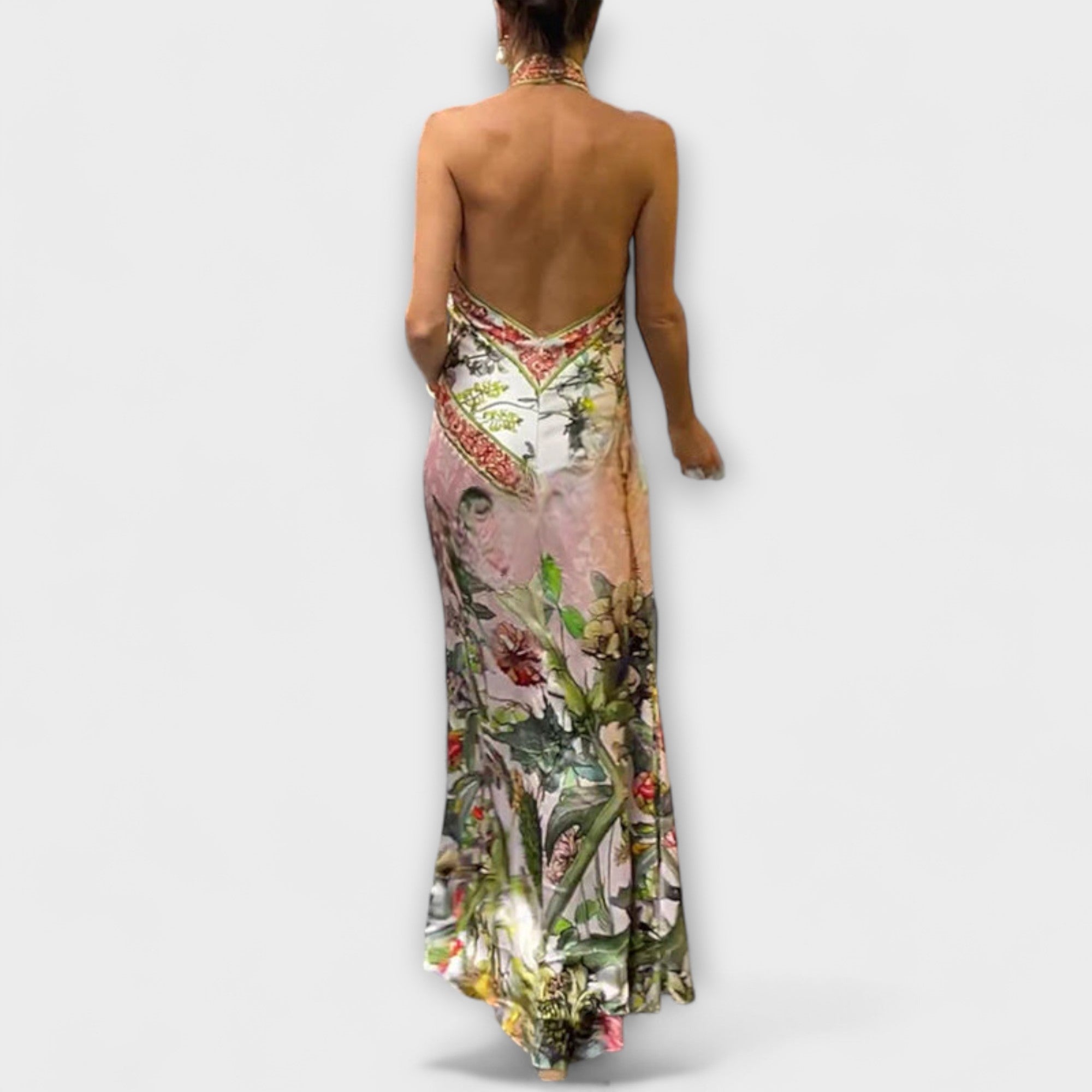 Ayla - Blomster Mønster Uden Ærmer Åben Ryg Maxi Kjole