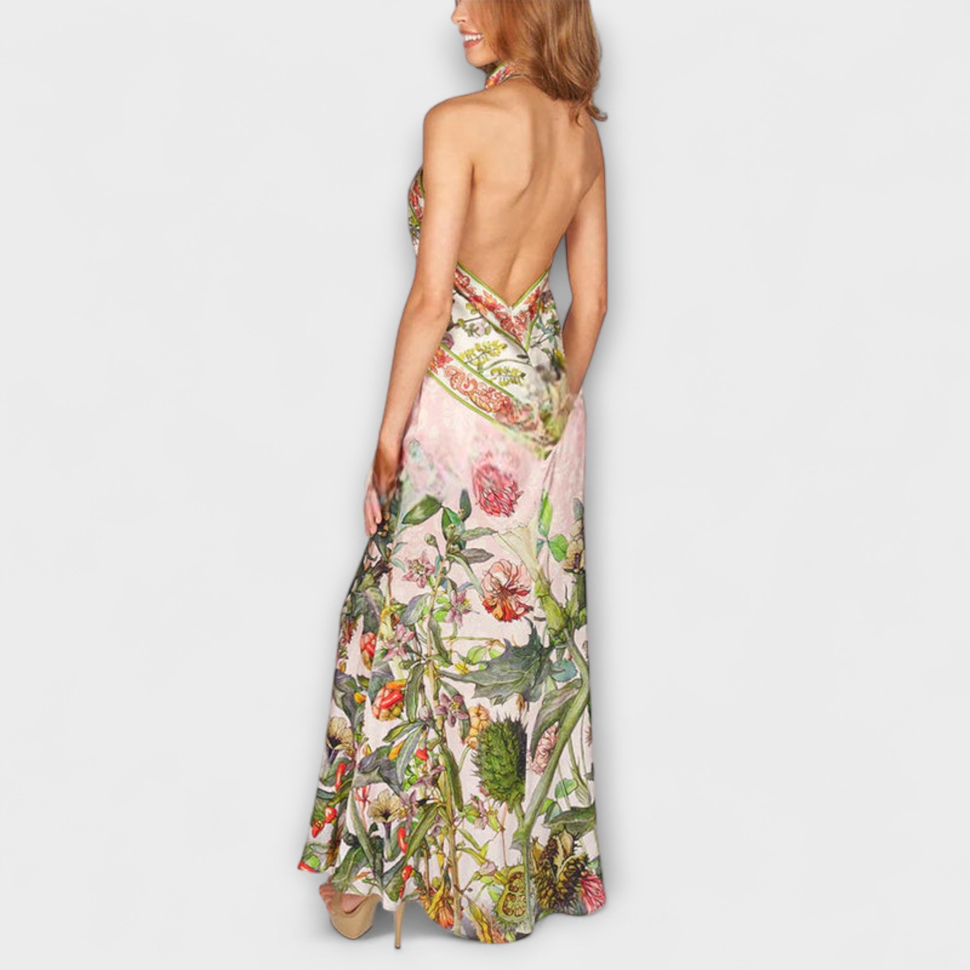 Ayla - Blomster Mønster Uden Ærmer Åben Ryg Maxi Kjole