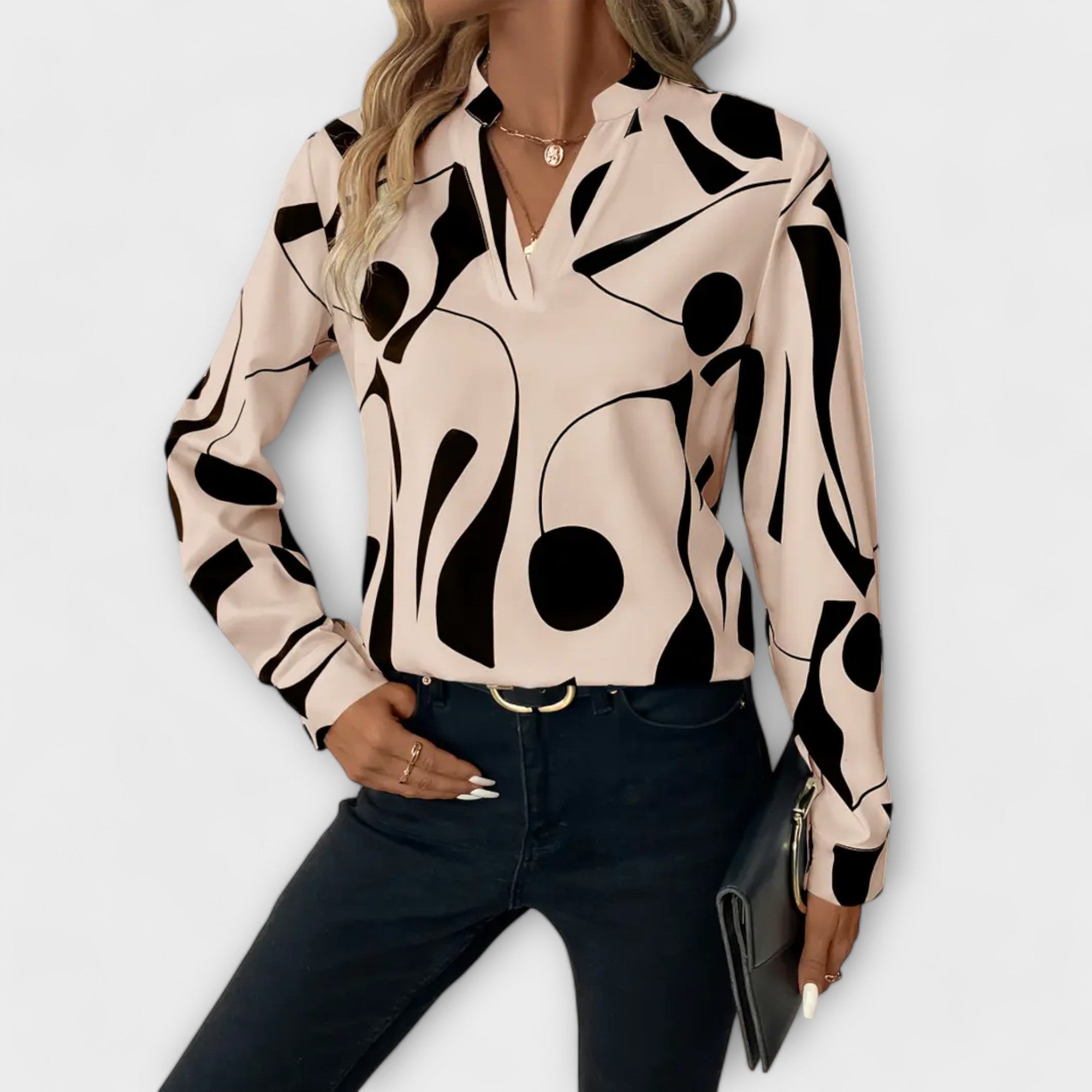 Elegant bluse med lange ærmer og spidse udskæring