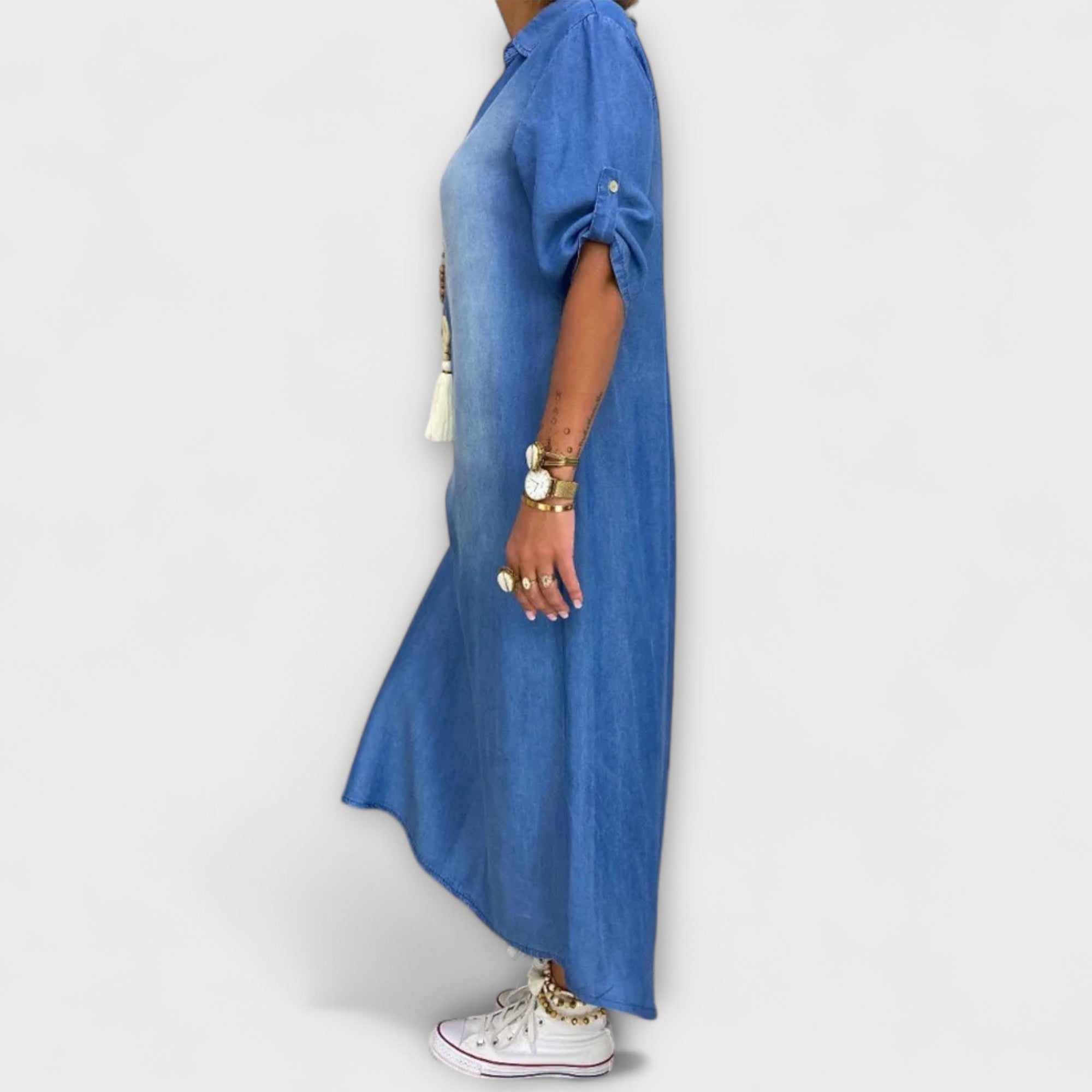 Lea - Lang Denim-Look Kjole med Side Slid