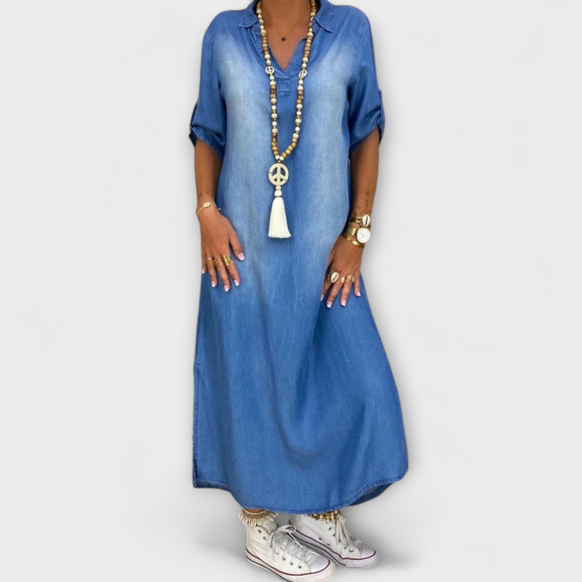 Lea - Lang Denim-Look Kjole med Side Slid