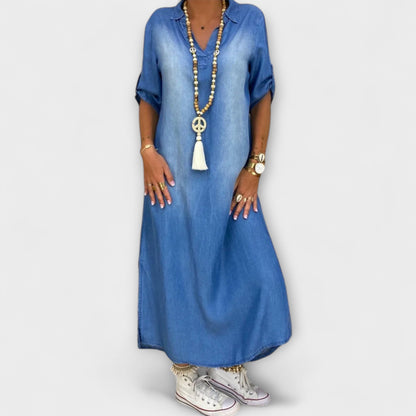 Lea - Lang Denim-Look Kjole med Side Slid