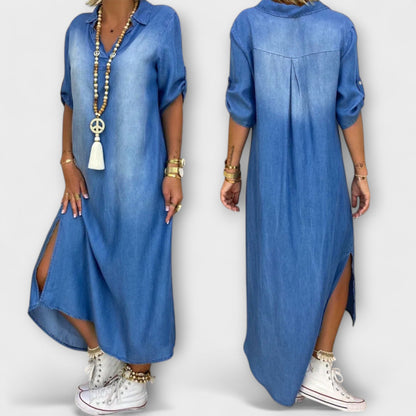 Lea - Lang Denim-Look Kjole med Side Slid