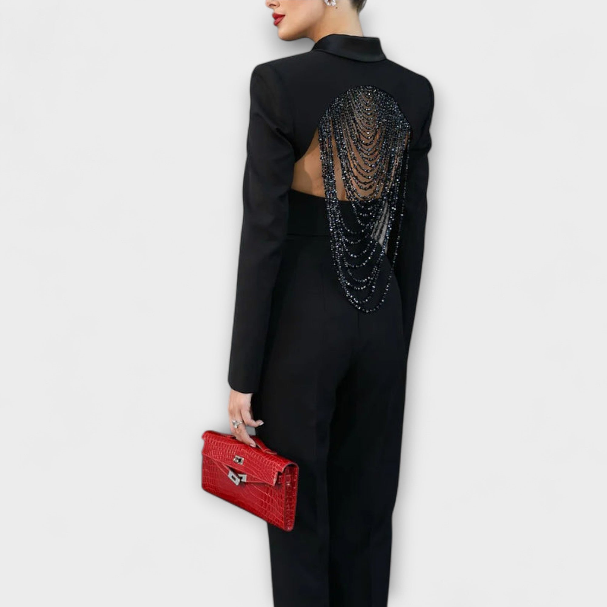 Noa - Sort Perle-Embellished Rygfri Kort Blazer Sæt