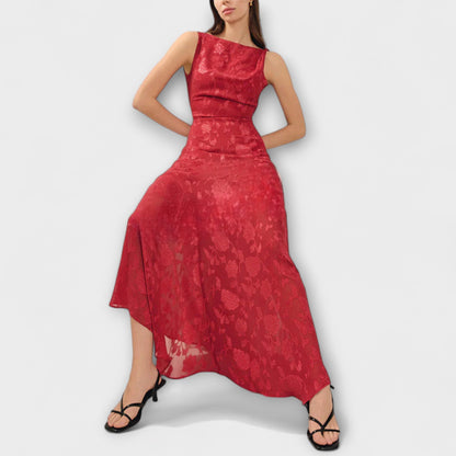 Opal - Elegant Rygfri Snøre Jacquard Maxi Kjole