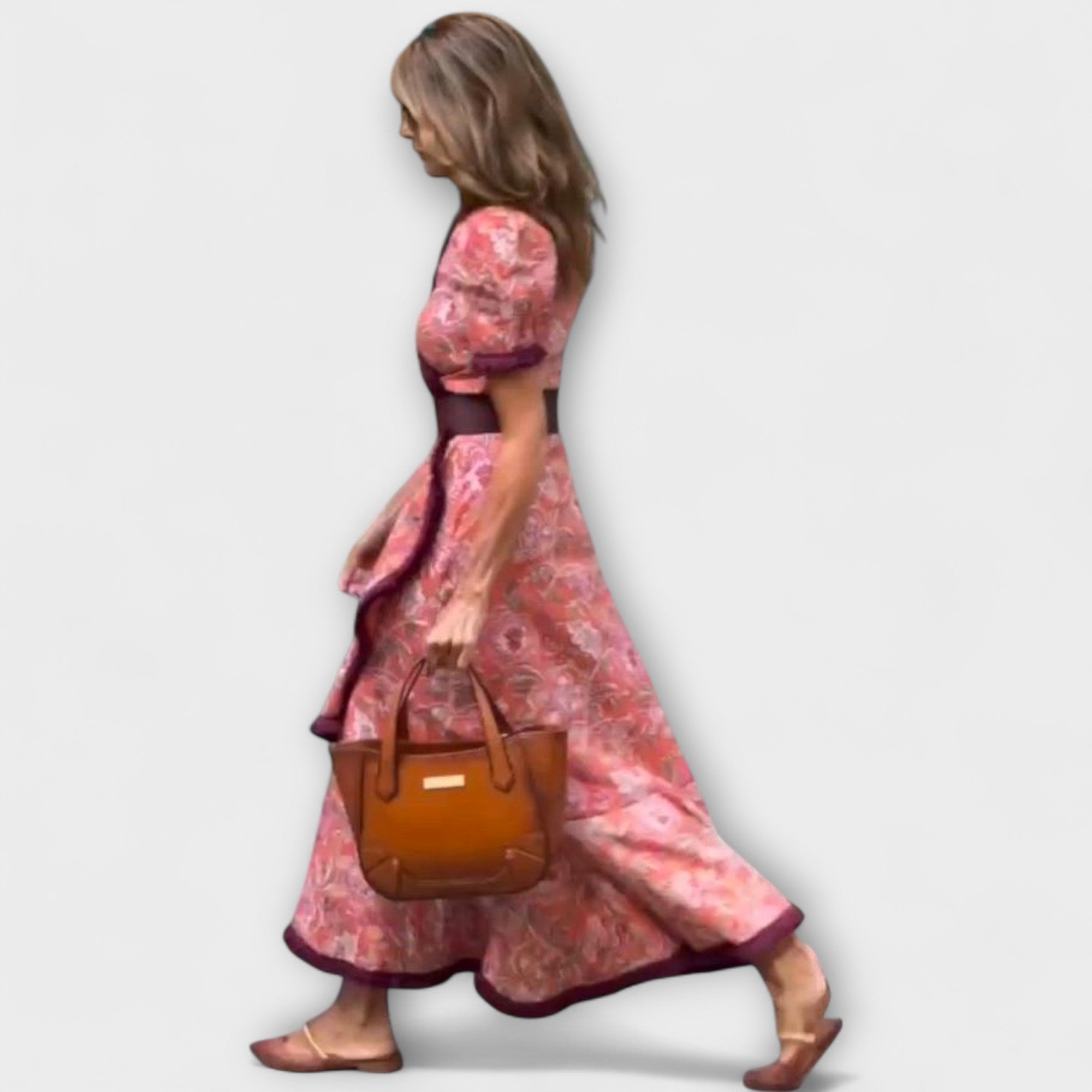 Elegant Pink Maxi Kjole med Korte Ærmer
