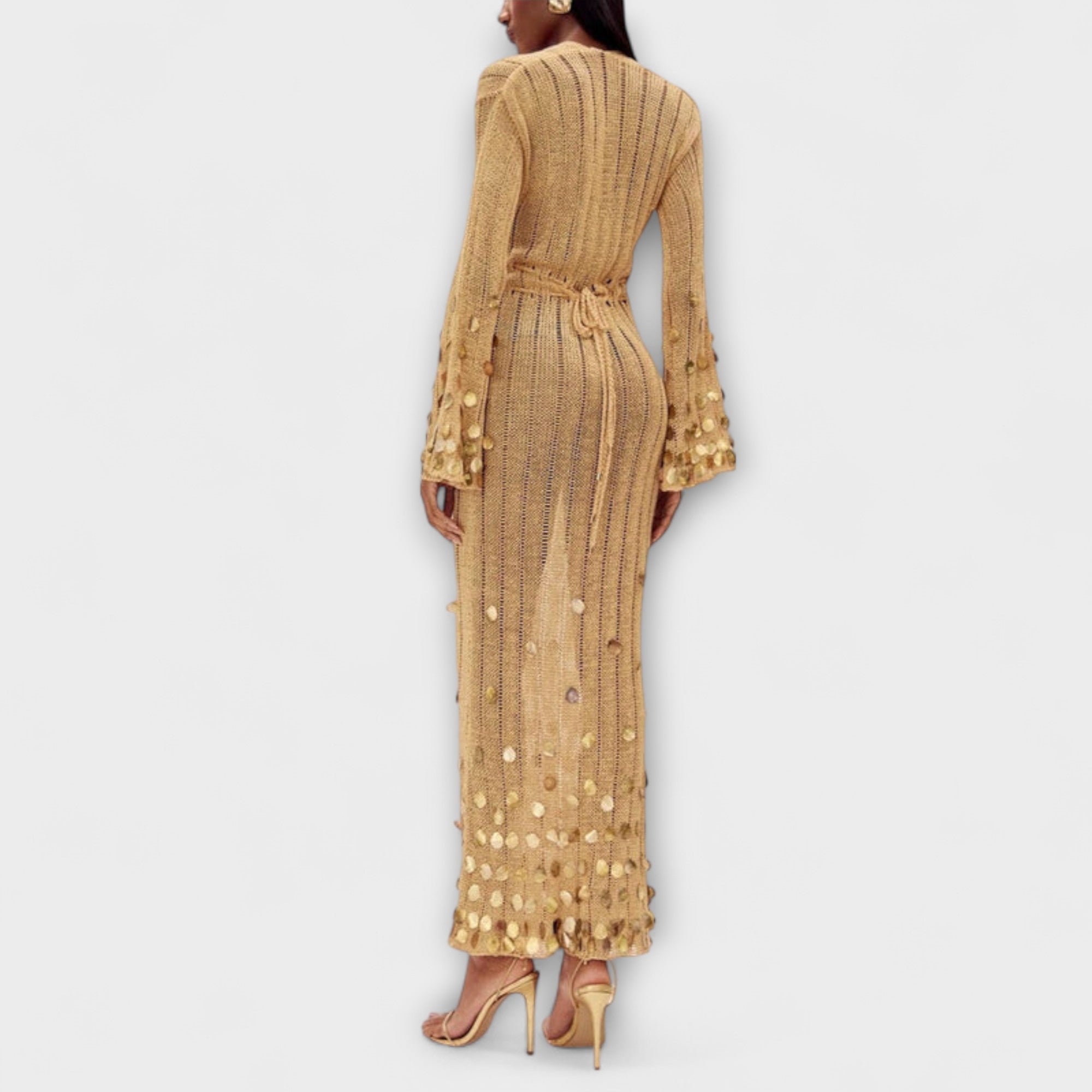 Kathleen - Guld Strikket Maxi Kjole af Dolly