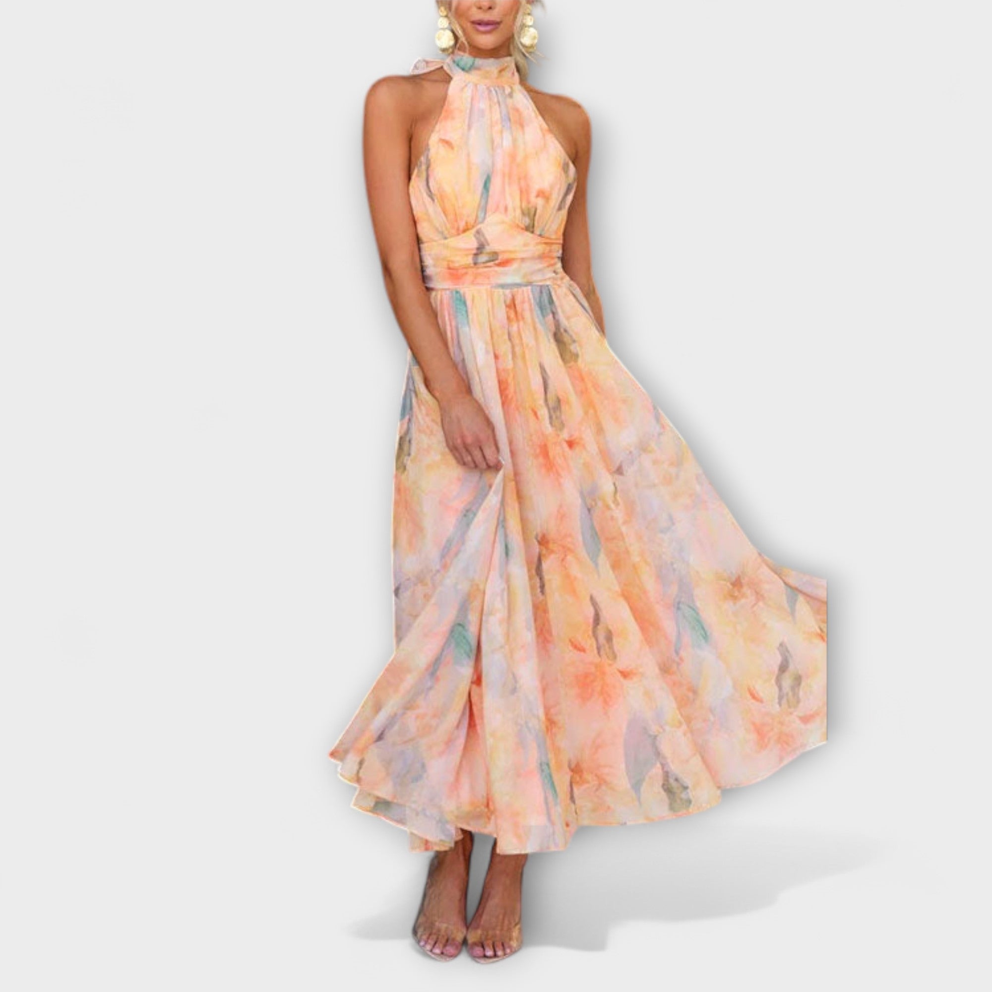 Halter-Nakke Akvarel Print Maxi Kjole