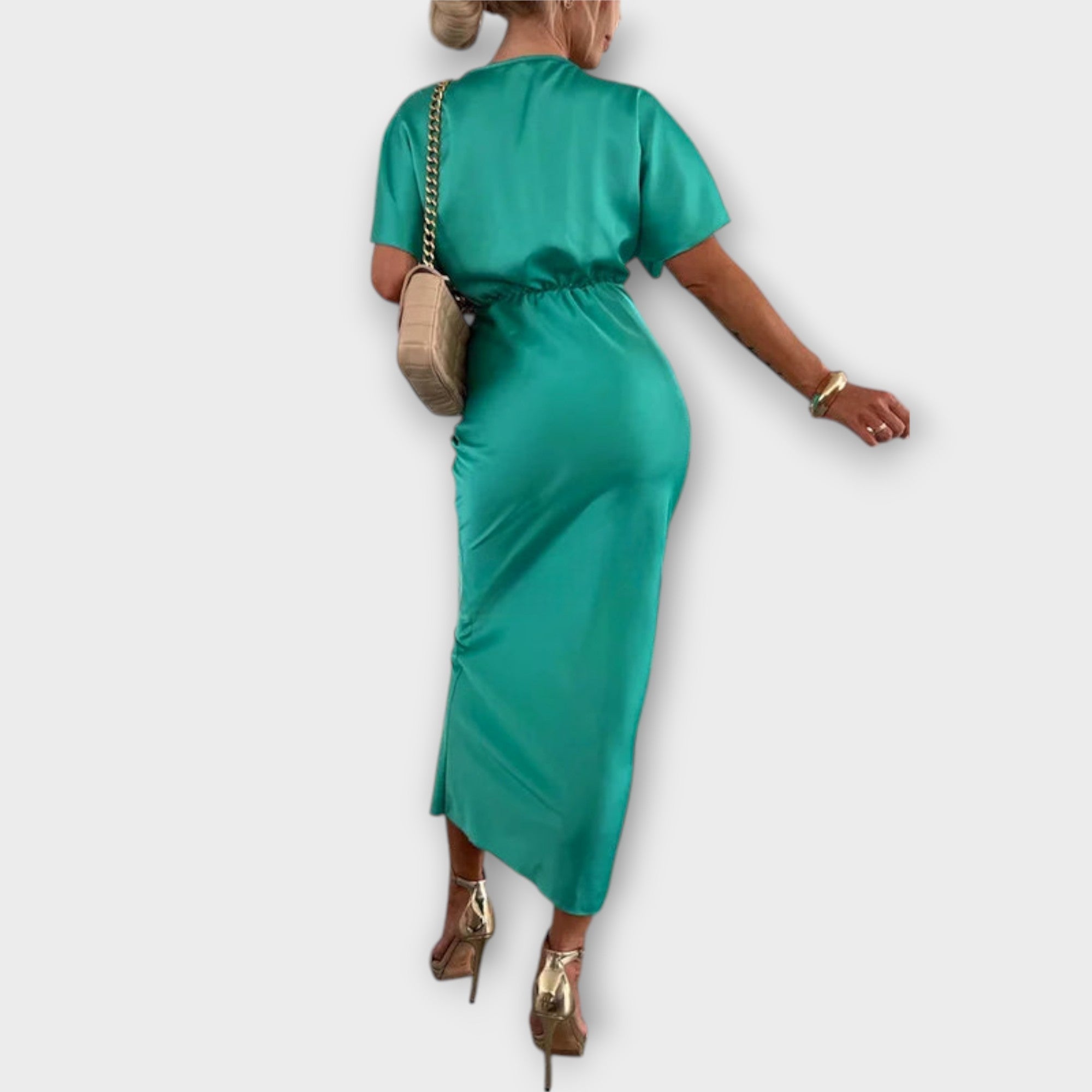 Sable - Solid Satin V-Hals Krydsknude Slim Fit Maxi Kjole