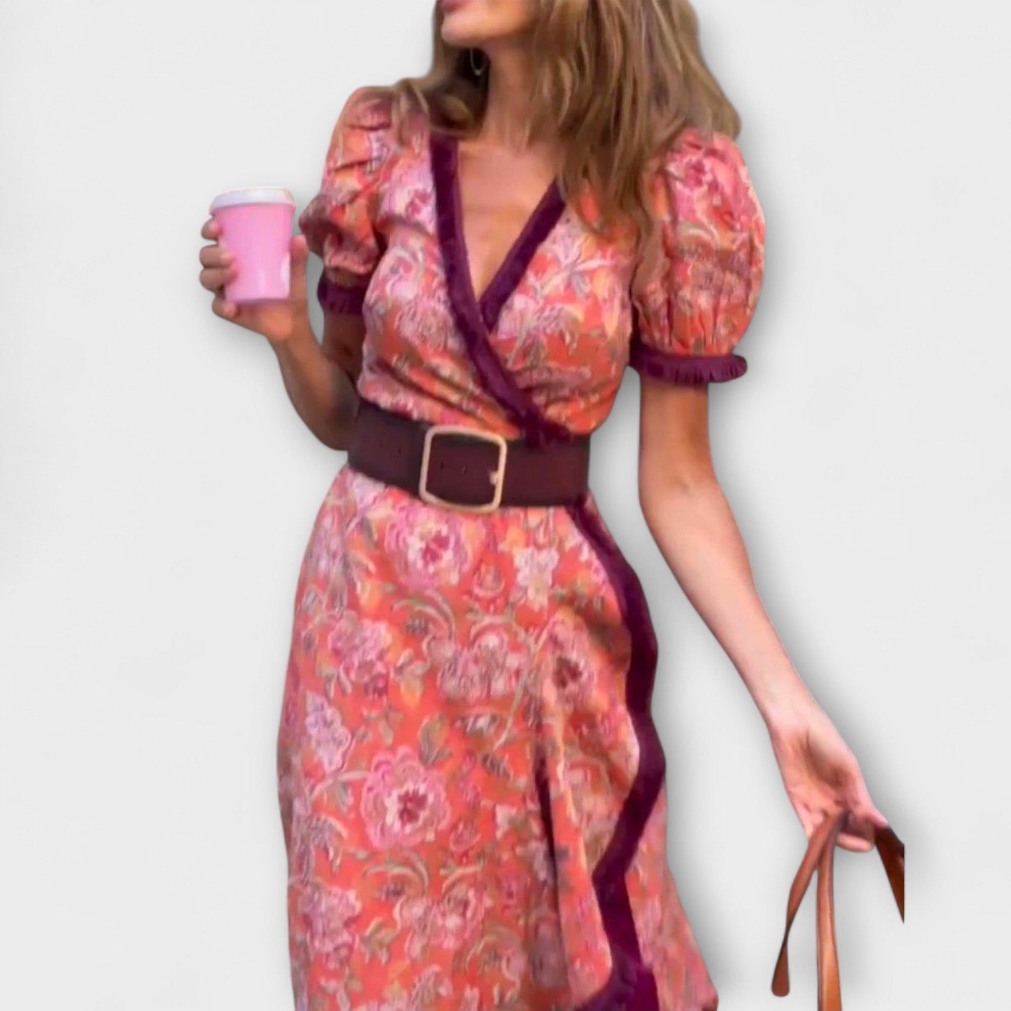 Elegant Pink Maxi Kjole med Korte Ærmer