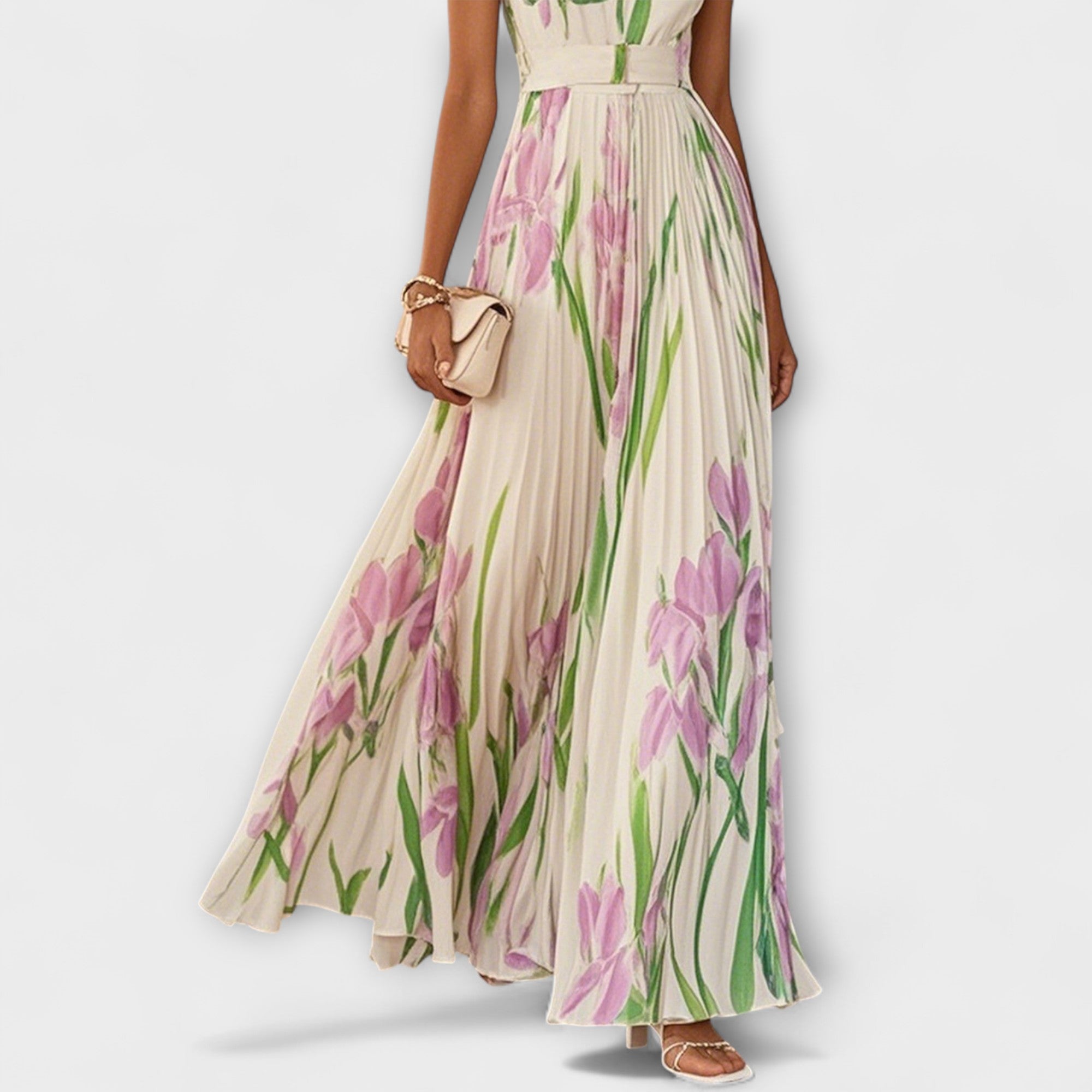 Foldet Blomstret Chiffon Maxi Kjole