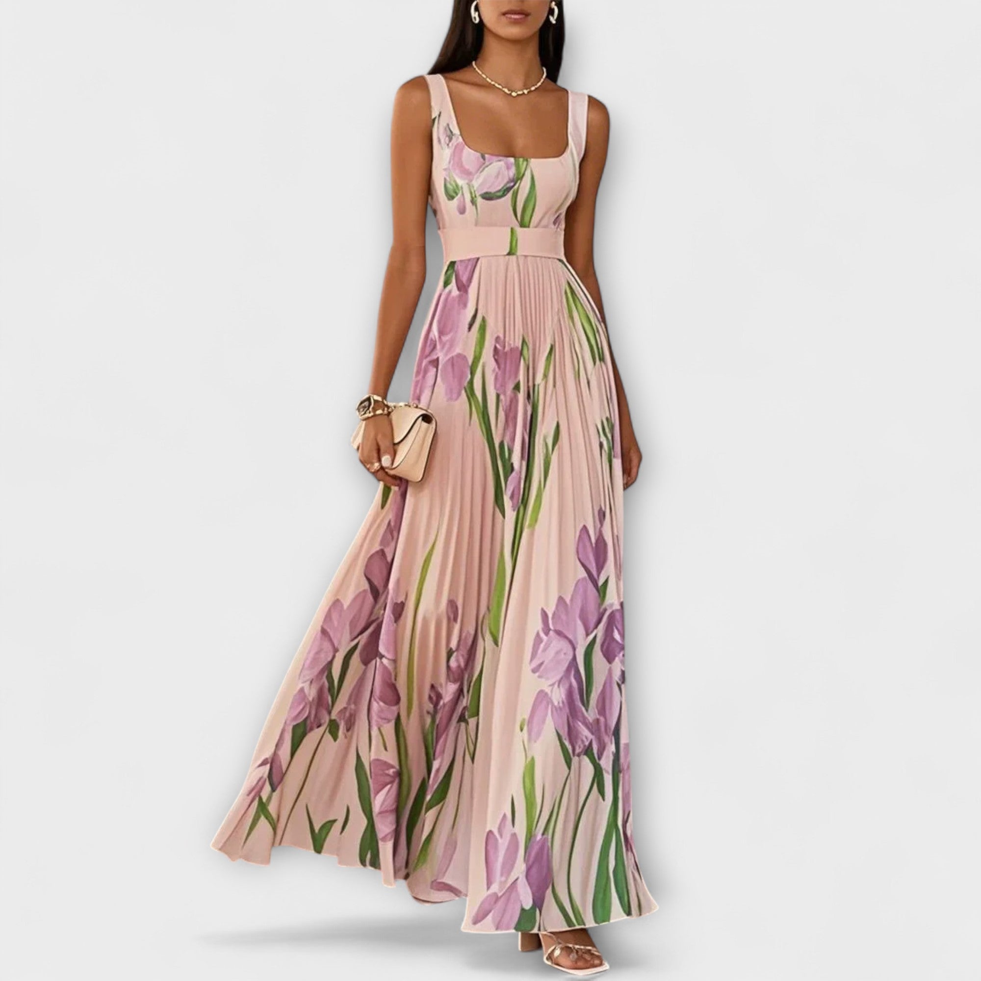 Foldet Blomstret Chiffon Maxi Kjole