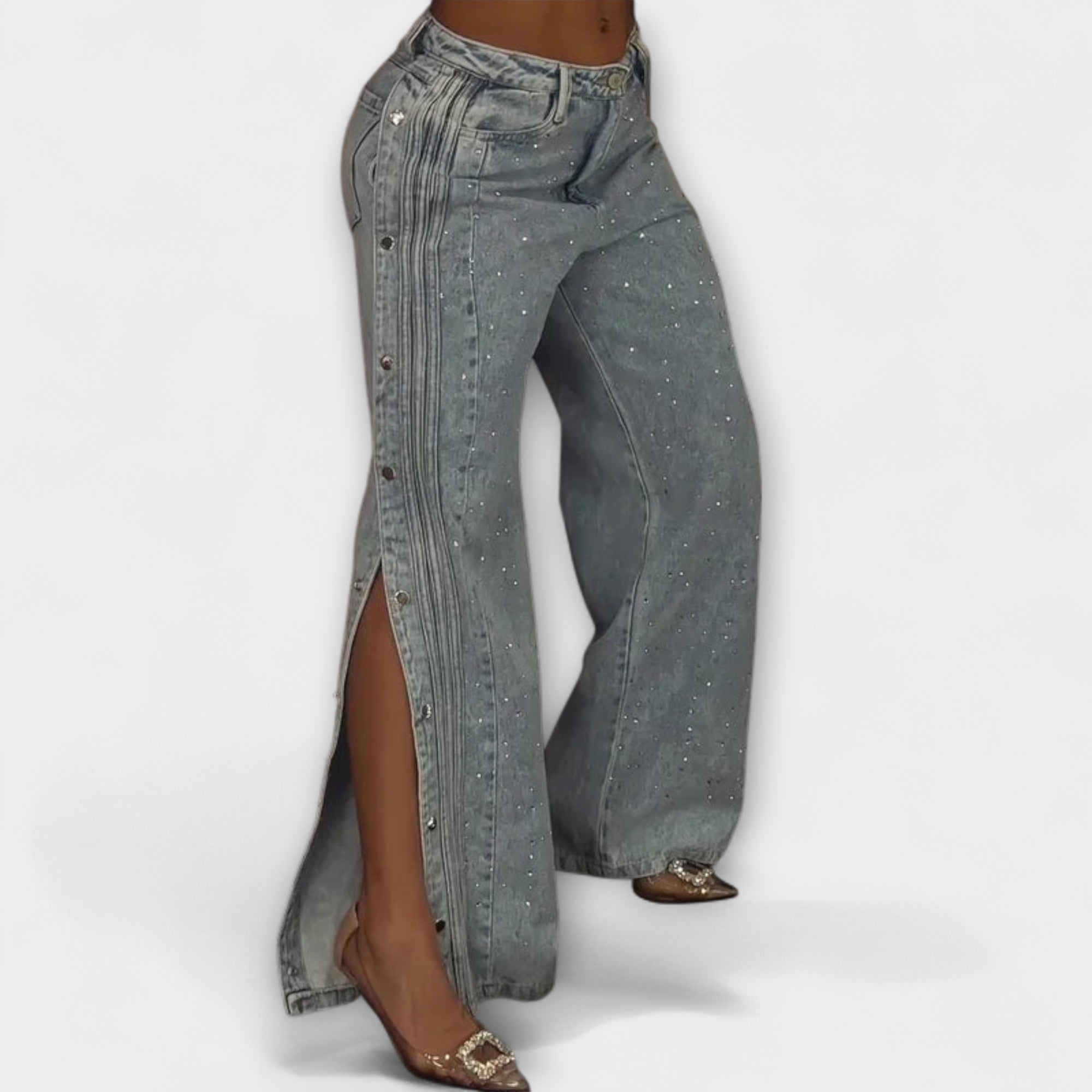 Nola - Højtaljede Jeans Pyntet med Rhinsten og Sideknapper