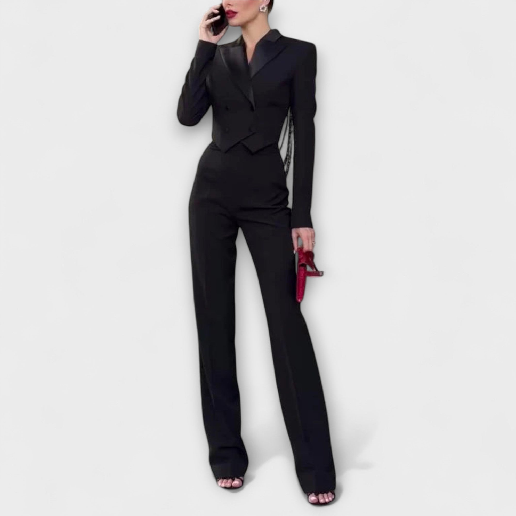Noa - Sort Perle-Embellished Rygfri Kort Blazer Sæt
