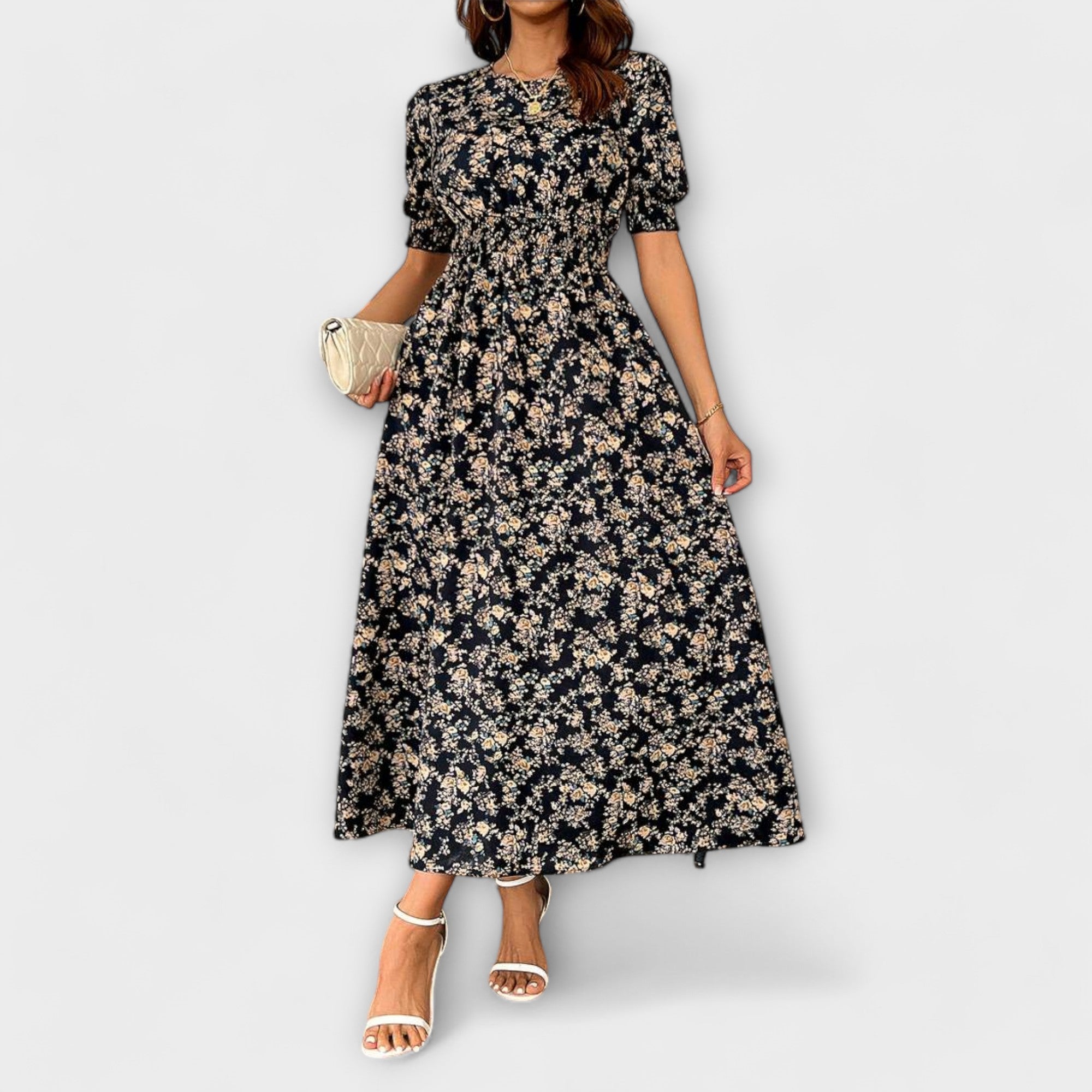 Amelia - Kjole med Rund Udsnit og Blomster Mønster