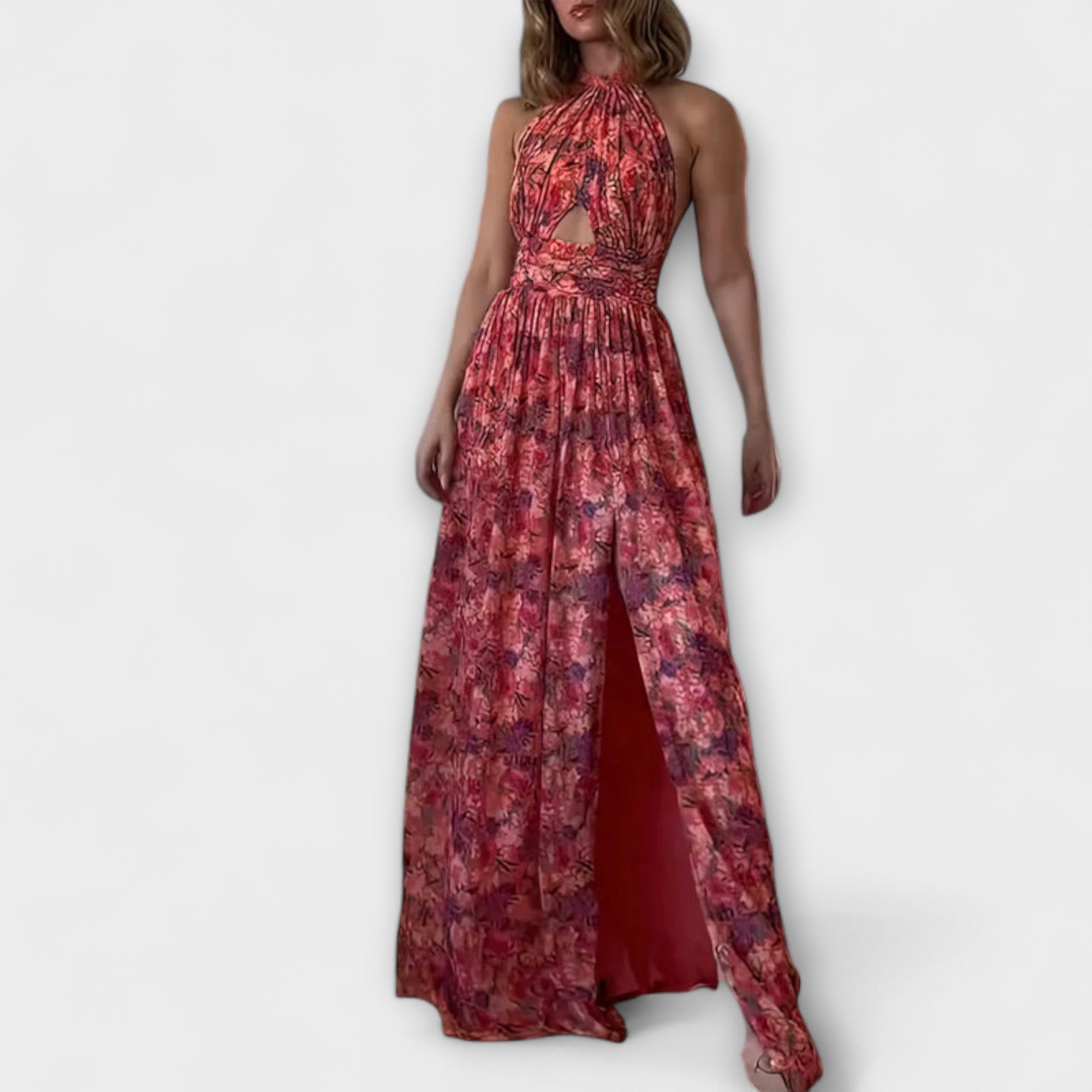 Nortrud - Rygfri Maxi Kjole med Blomsterprint