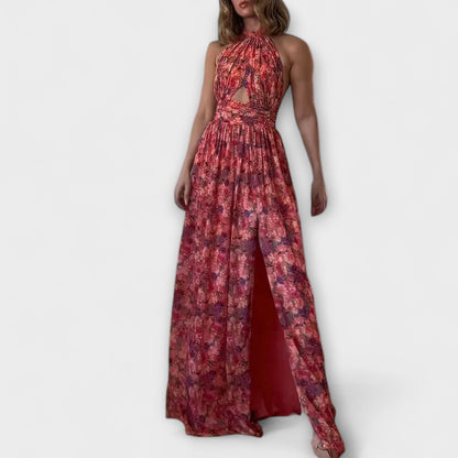 Nortrud - Rygfri Maxi Kjole med Blomsterprint