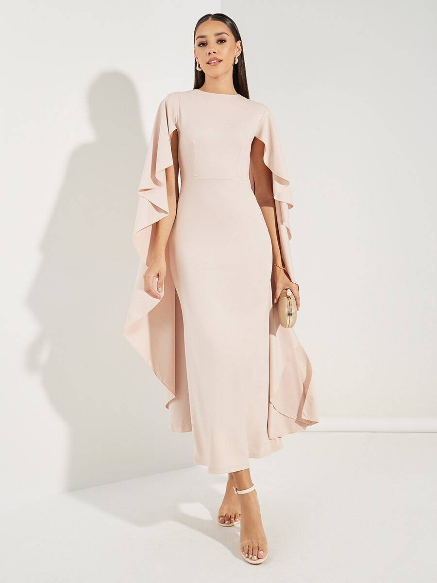 Rachel - Hellrosa Midi Kjole med V-Hals og Chiffon Ærmer